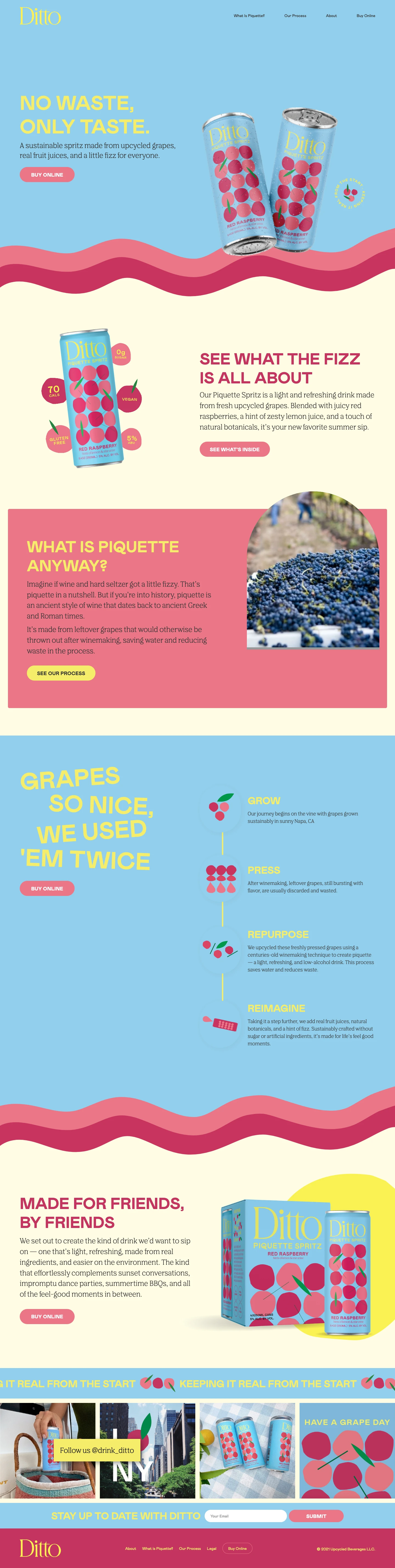 Drink Ditto Landing Page Example: A sustainable spritz made from upcycled grapes, real fruit juices, and a little fizz for everyone.