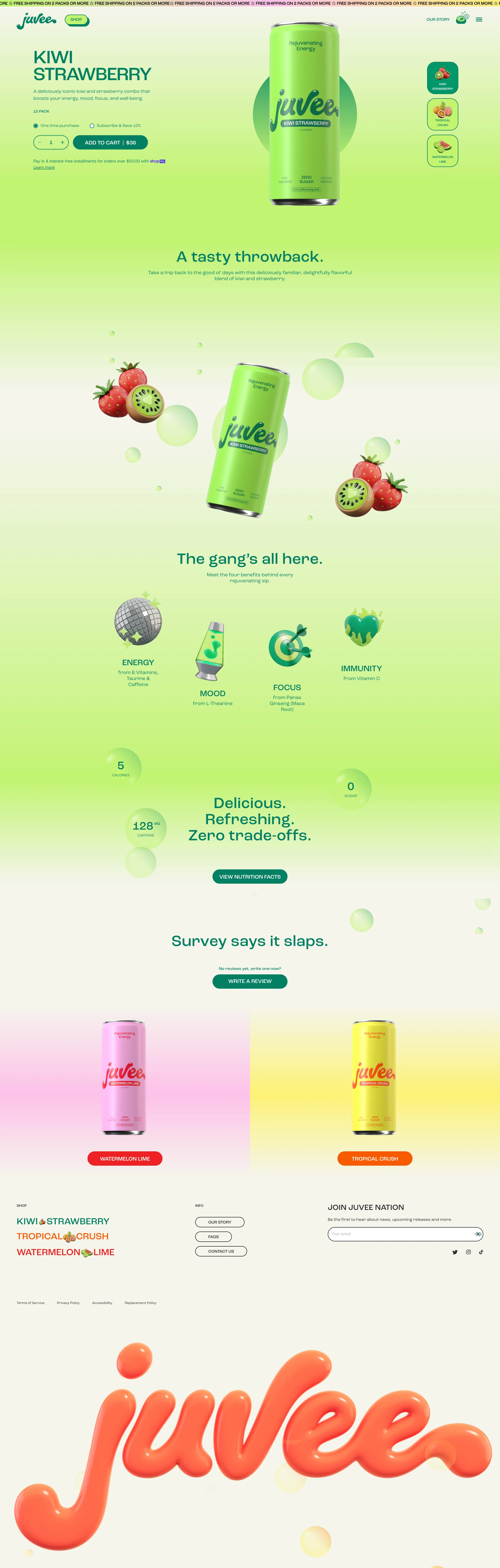 Juvee Landing Page Example: Meet Juvee, the rejuvenating energy drink for all! Power your play. 0g of sugar.