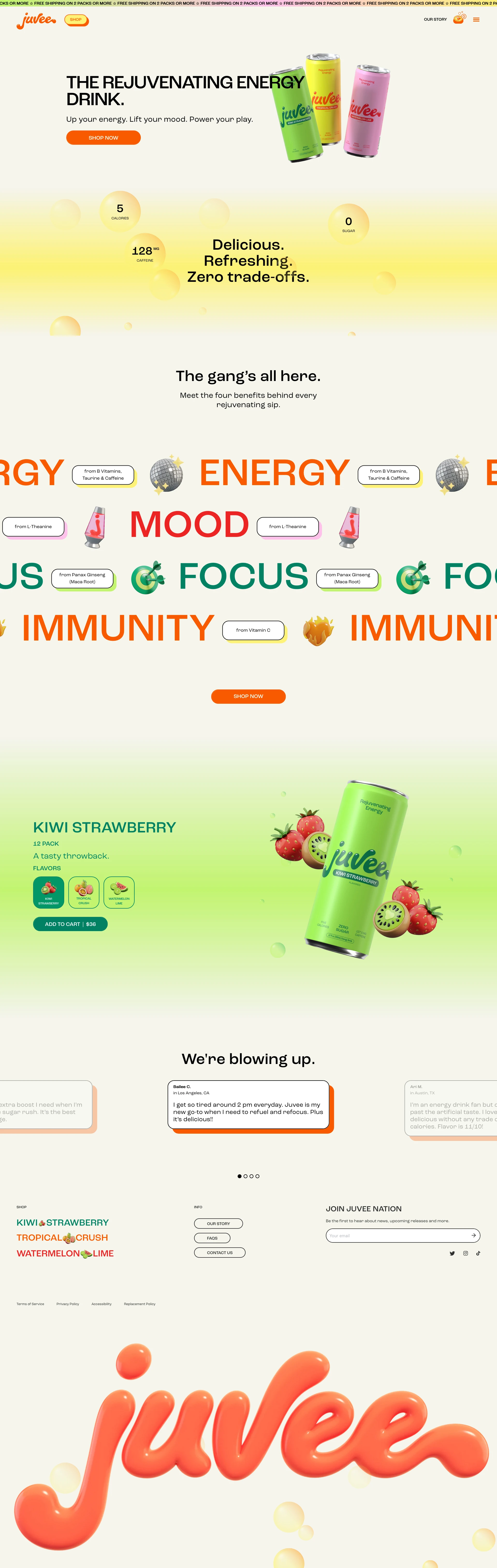 Juvee Landing Page Example: Meet Juvee, the rejuvenating energy drink for all! Power your play. 0g of sugar.