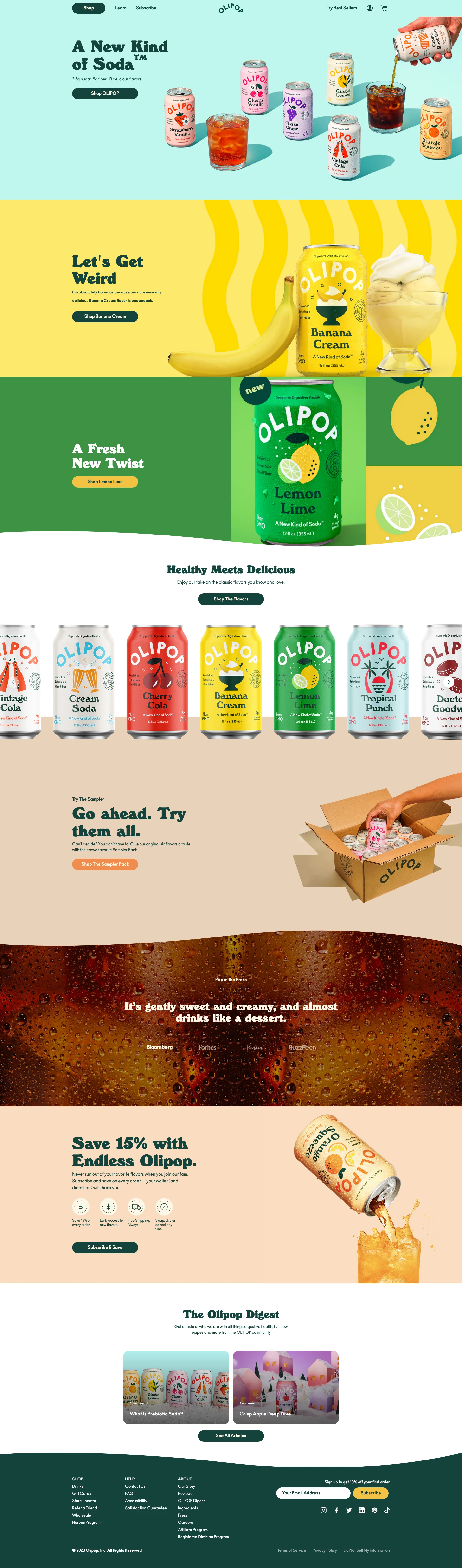 OLIPOP Landing Page Example: 2-5g sugar. 9g fiber. 9 classic flavors. Discover the delicious new soda made with plant fiber and prebiotics for a happy, healthy you. Try it in Vintage Cola, Classic Root Beer, Strawberry Vanilla, Ginger Lemon and more. Non-GMO, gluten free, paleo, vegan, and just plain delicious.
