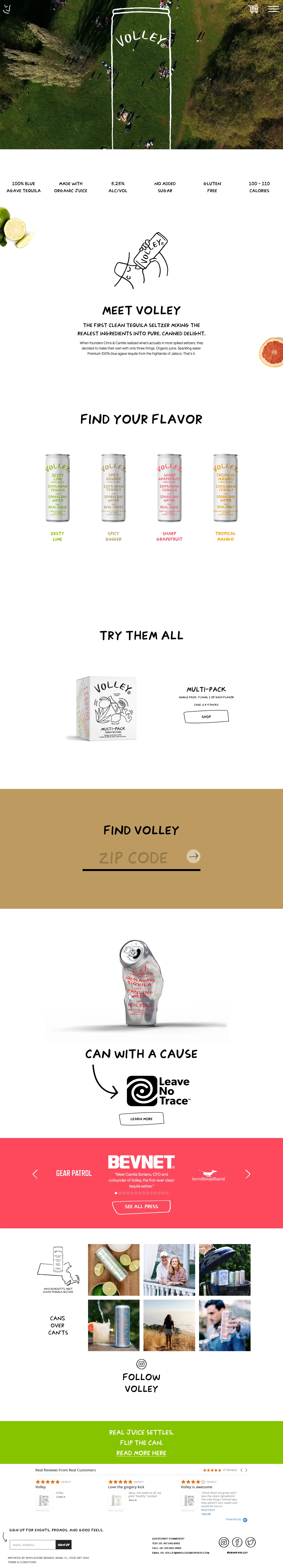 Volley Landing Page Example: The first clean spiked seltzer combining the realest ingredients into wholesome, canned delight, so we're free to enjoy ourselves to the highest standard.