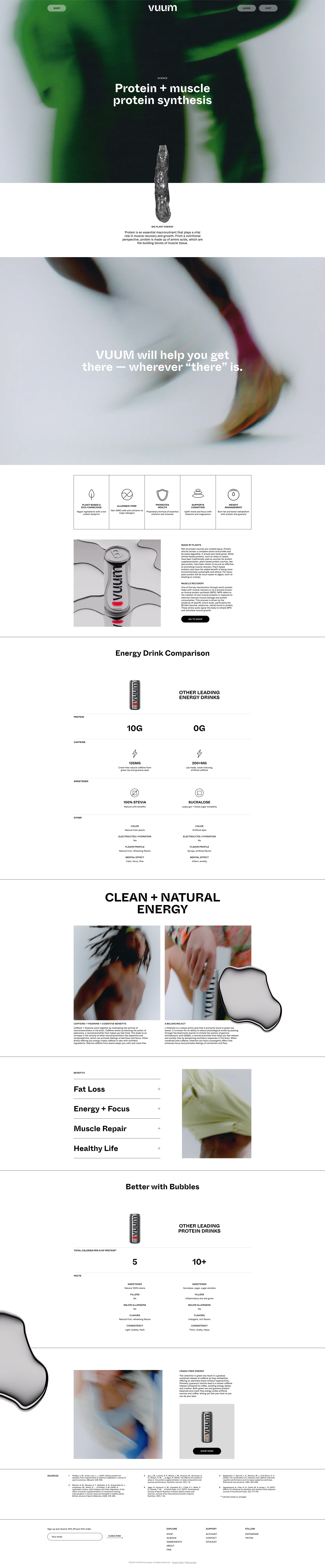 VUUM Landing Page Example: Energy that won't leave you feeling empty. Made from plant protein, without tasting like it. A fresh and bubbly drink that tastes light and fruity. Propelled by natural caffeine that won't make you crash. With minerals, vitamins, amino acids, and zero artificial sweeteners. Vegan and stomach friendly . A pick me up that will leave you feeling good all day, and tomorrow.