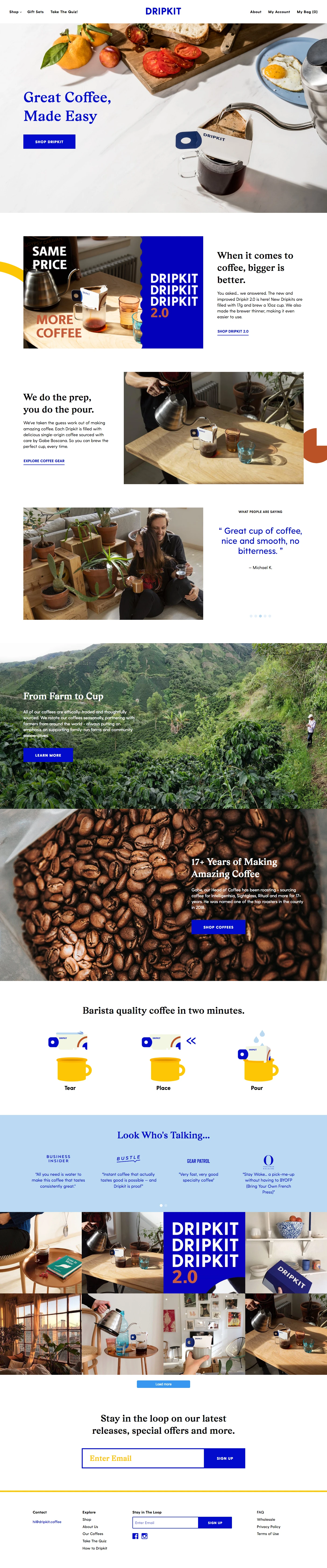 Dripkit Landing Page Example: Barista quality pour over has never been easier! Get delicious and ready-to-brew coffee packs delivered to straight to your door.