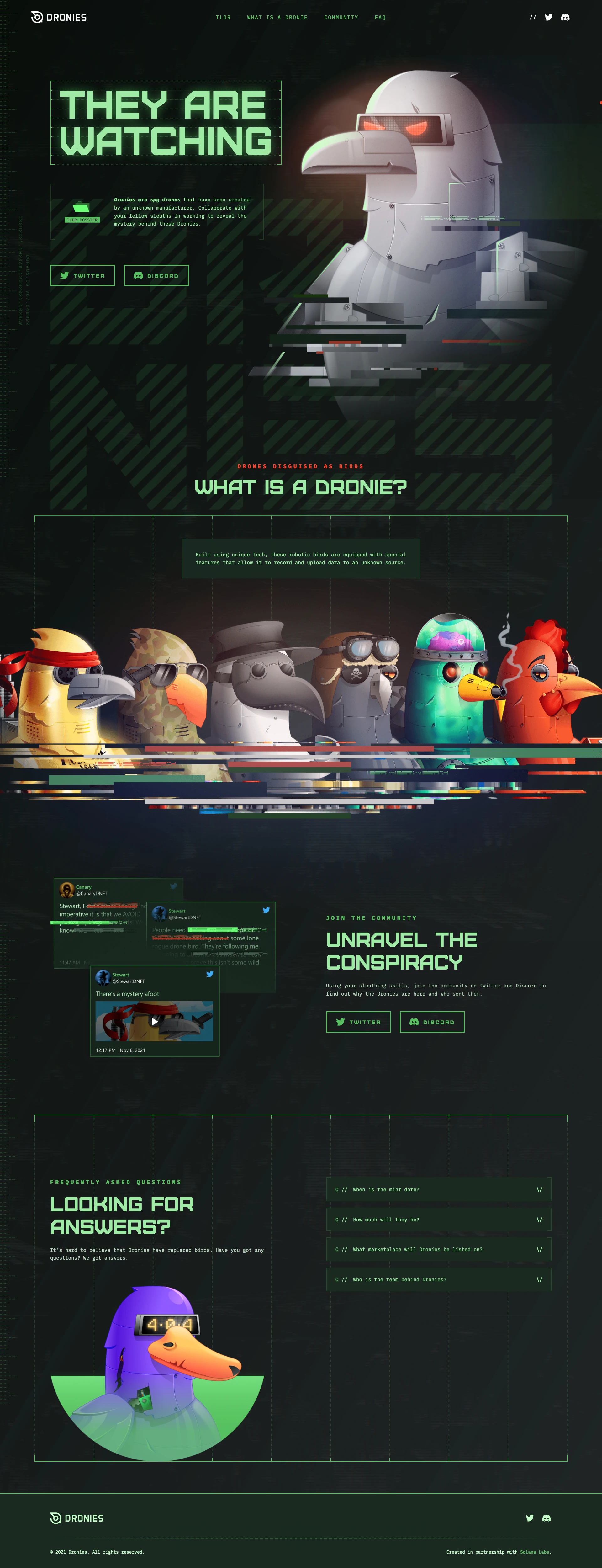 Dronies Landing Page Example: Dronies NFTs are a collection of mysterious droid birds designed by REDACTED on the Solana blockchain. Keep one eye open. The birds are not what they seem.