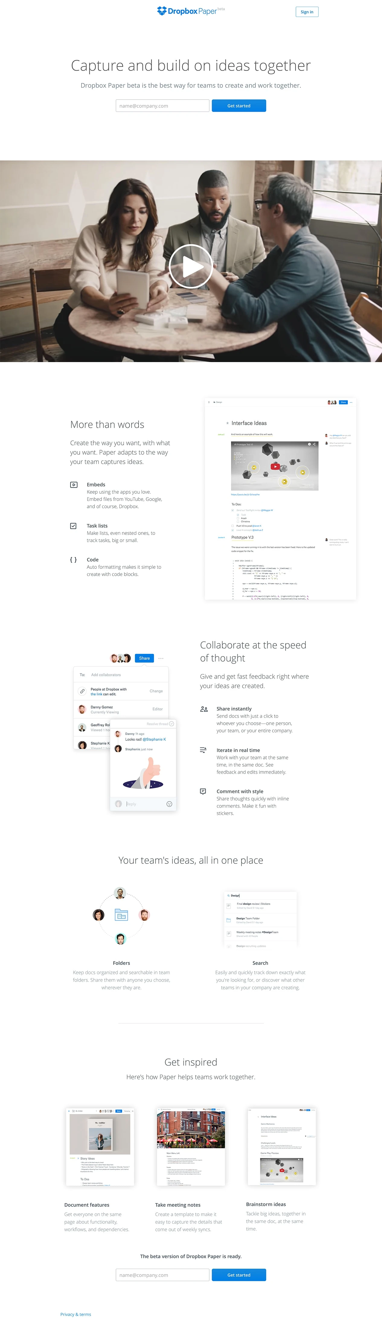Dropbox Paper Landing Page Example: Paper is a clean, smart surface that lets you and your team work together the way you want.