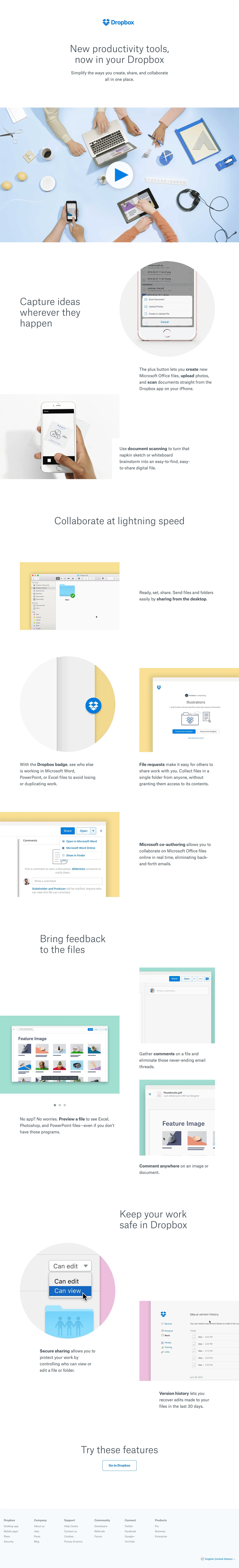 Dropbox Productivity Landing Page Example: Dropbox has new productivity features to simplify the way you create, collaborate, and keep work safe. Learn how to get more done and get started.