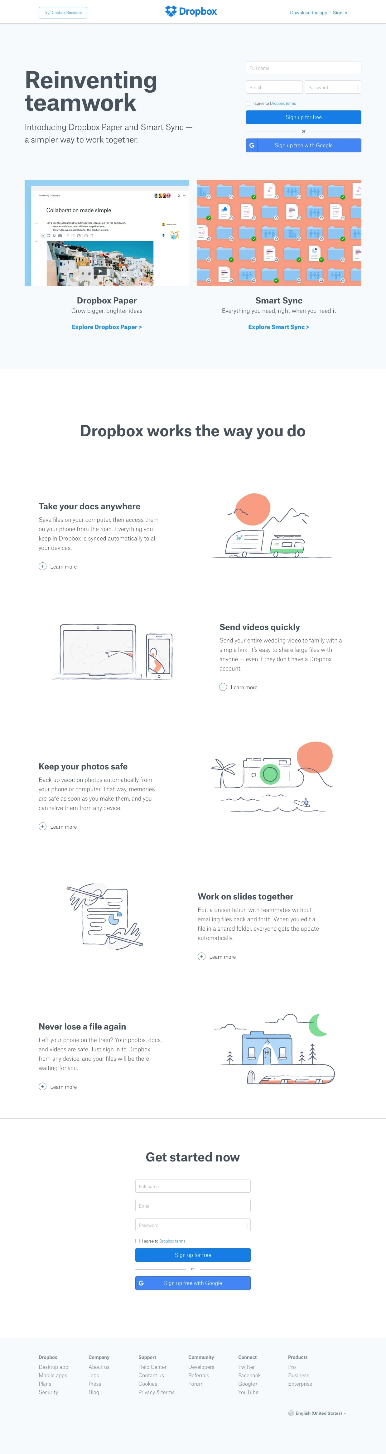 Dropbox Landing Page Example: Introducing Dropbox Paper and Smart Sync — a simpler way to work together.