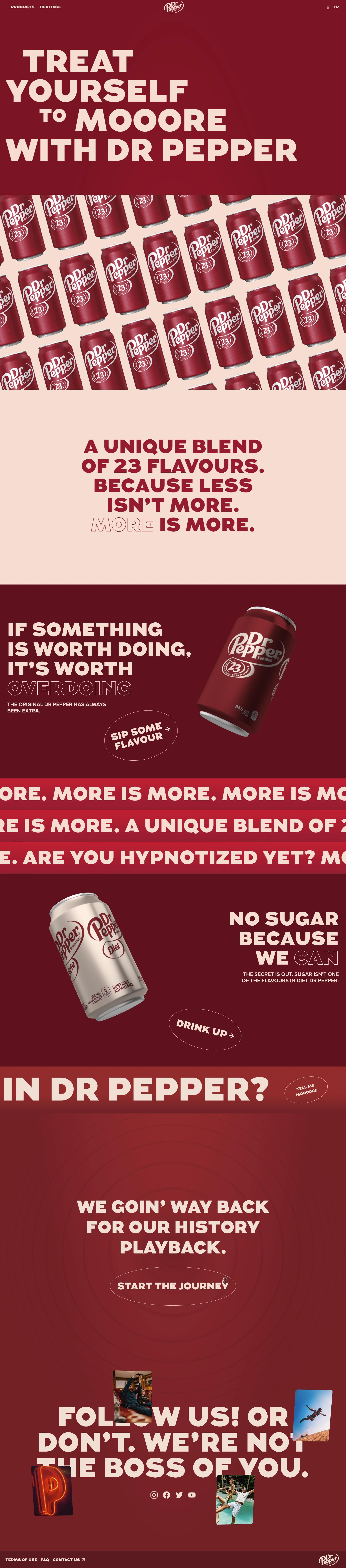 Dr Pepper Landing Page Example: Explore the world of Dr Pepper flavours. A unique drink with a complex taste of 23 flavours to satisfy your craving for freshness.