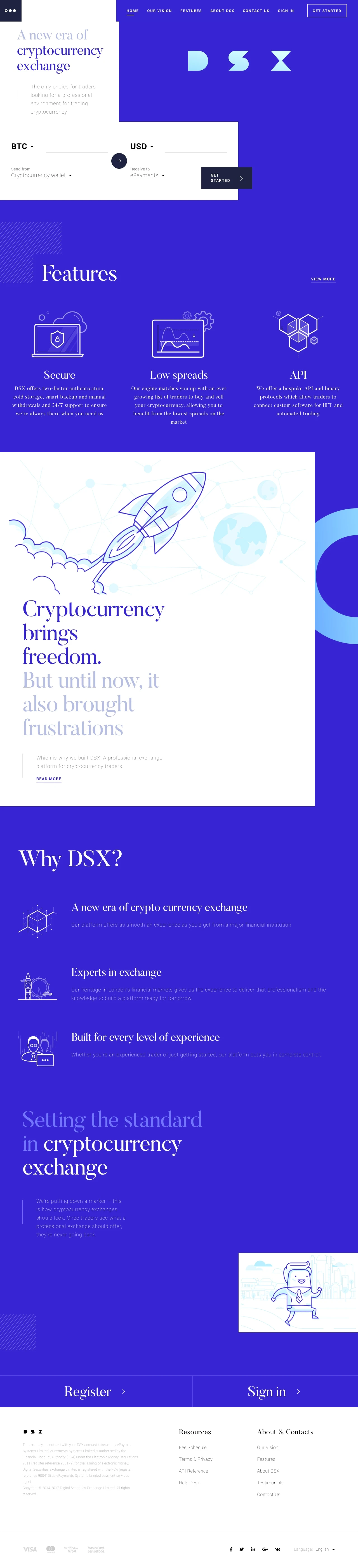 DSX Landing Page Example: Trade at DSX – the UK first cryptocurrency exchange run by the FCA regulated ePayments