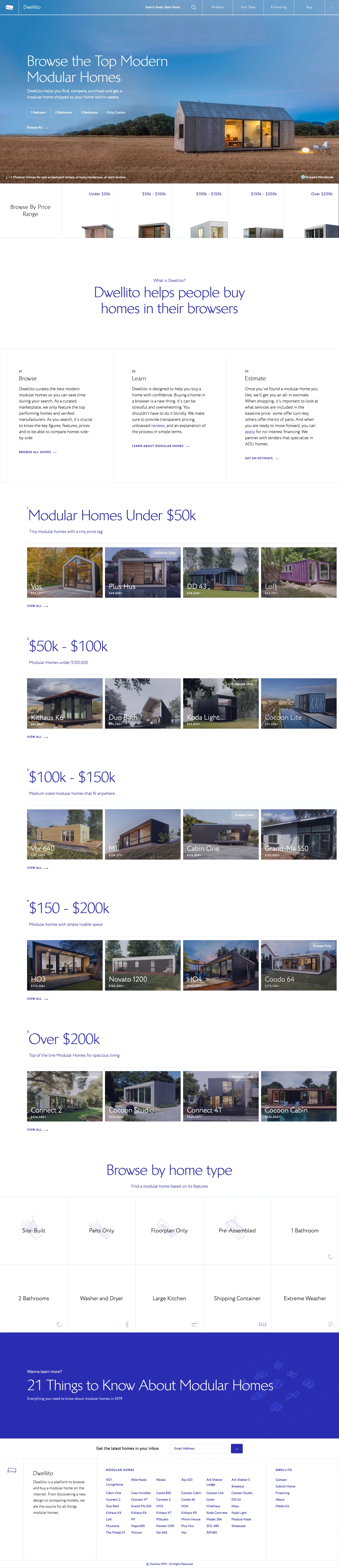 Dwellito Landing Page Example: Explore the top Modular Homes of 2019 for sale. Dwellito is a modular home marketplace featuring over 45 modern Prefab designs. Browse by design, floorplan, bedroom count, price range, and more.