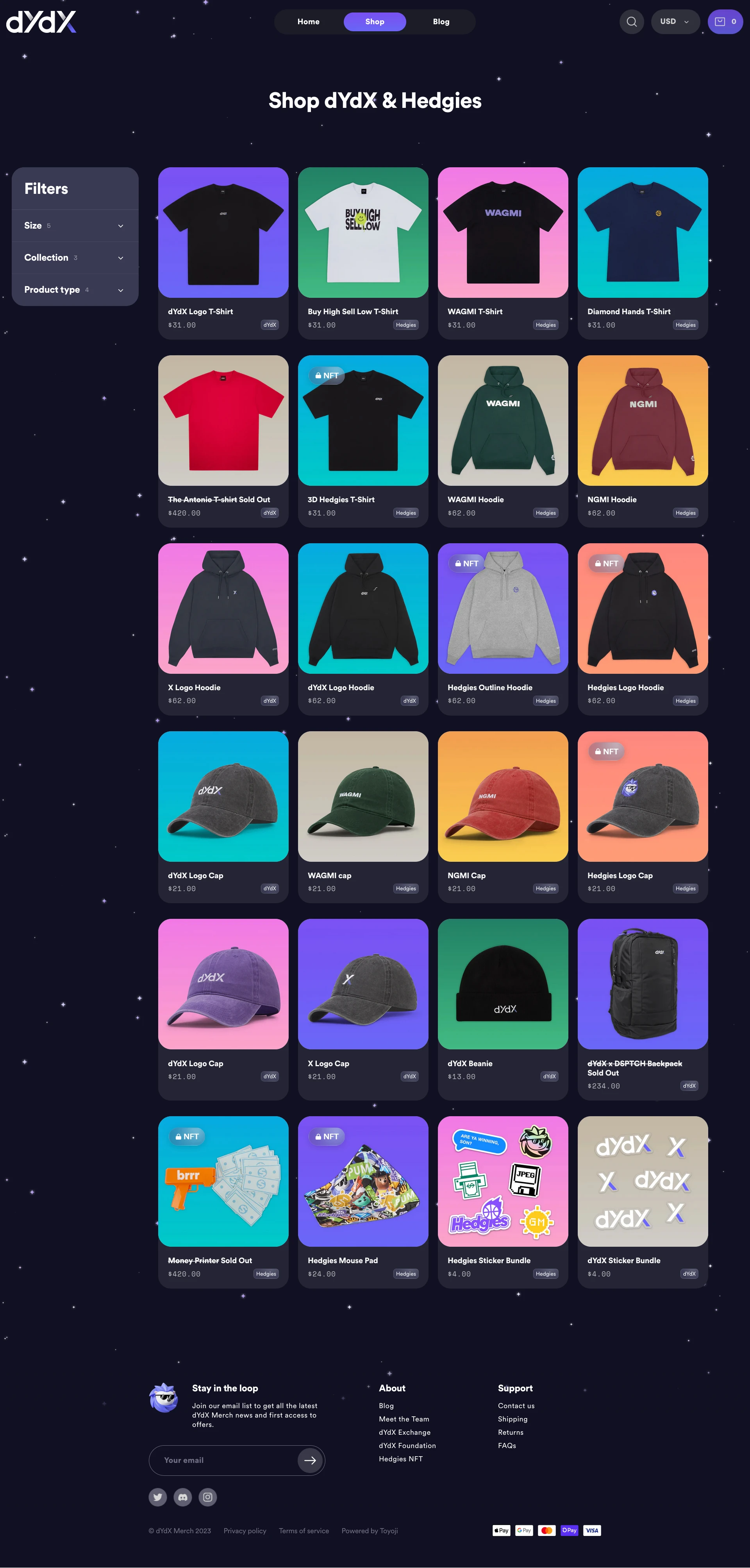 dYdX Merch Landing Page Example: Unleash your trading potential with high quality apparel, hats, and accessories from dYdX.