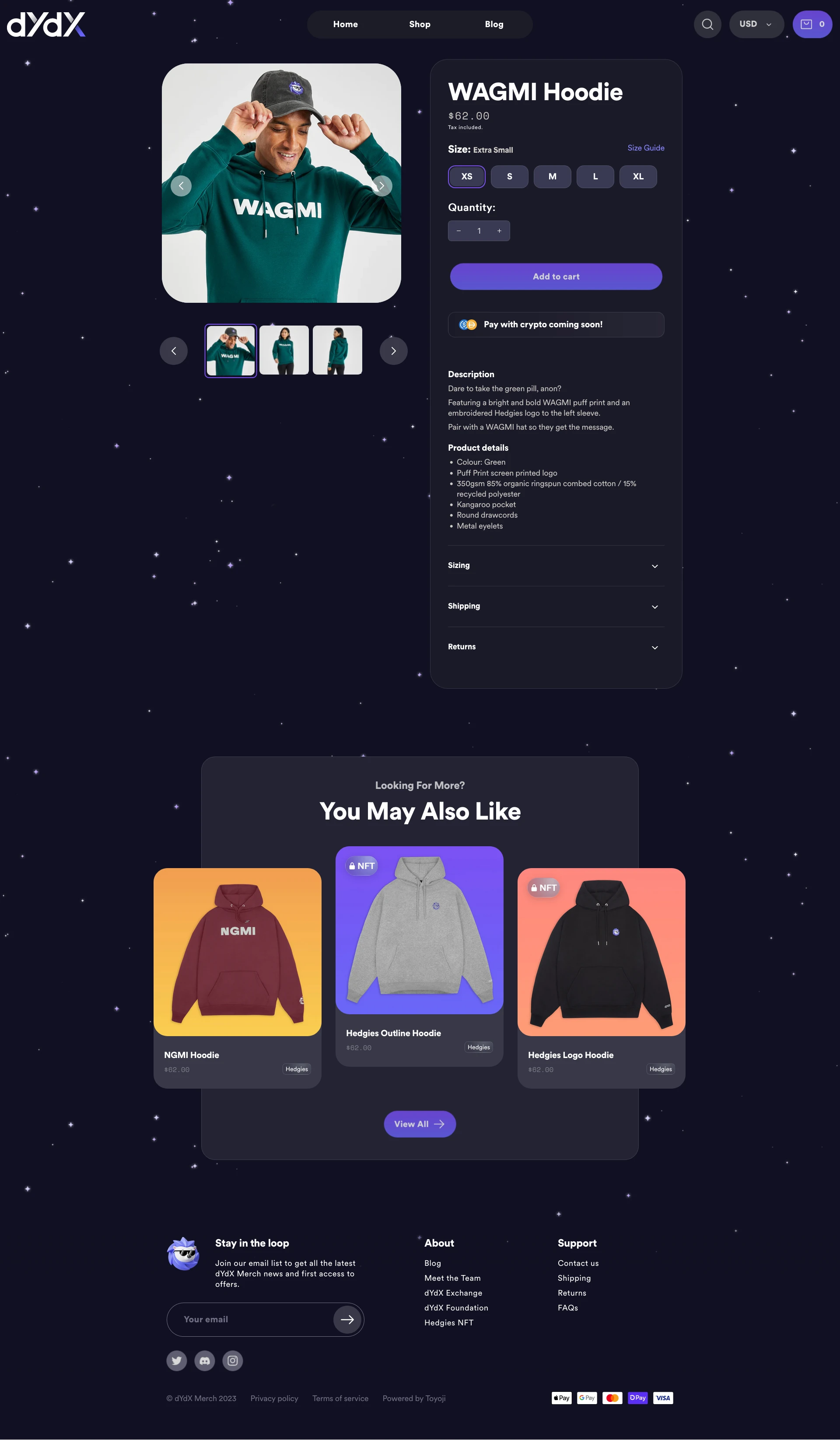 dYdX Merch Landing Page Example: Unleash your trading potential with high quality apparel, hats, and accessories from dYdX.