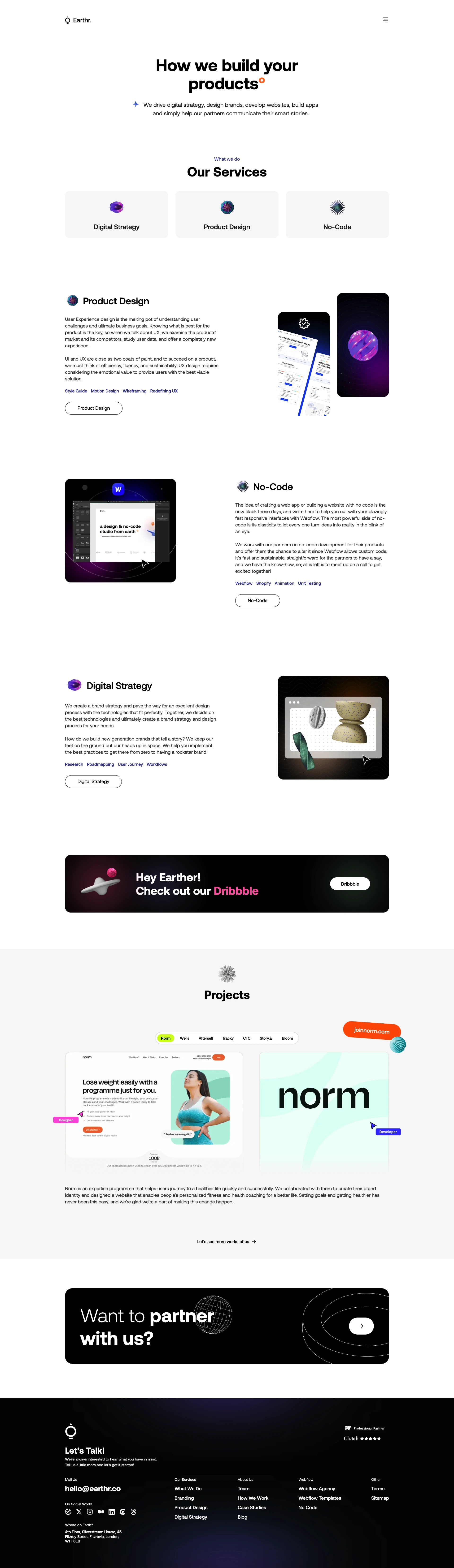 Earthr Landing Page Example: We design brands, develop websites, build apps and simply help our partners communicate their smart stories. Let's talk about your project!