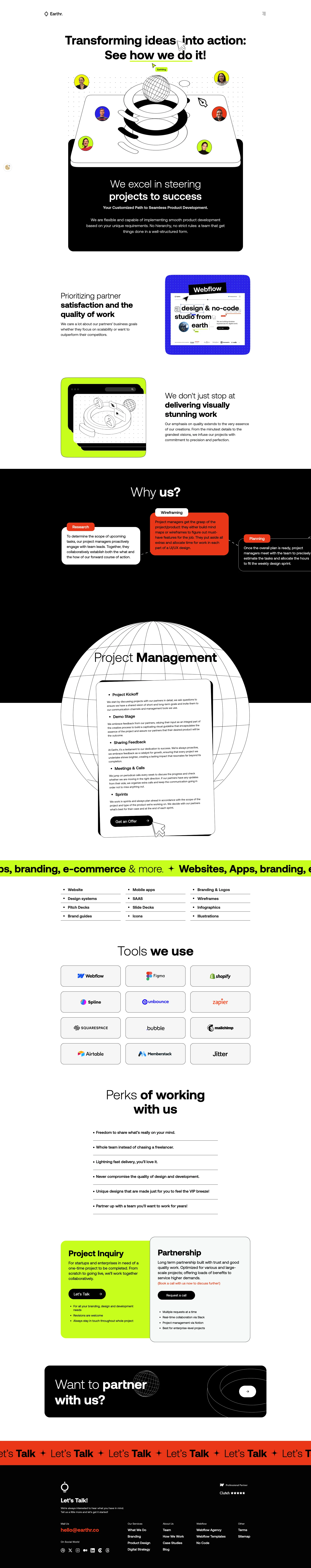 Earthr Landing Page Example: We design brands, develop websites, build apps and simply help our partners communicate their smart stories. Let's talk about your project!