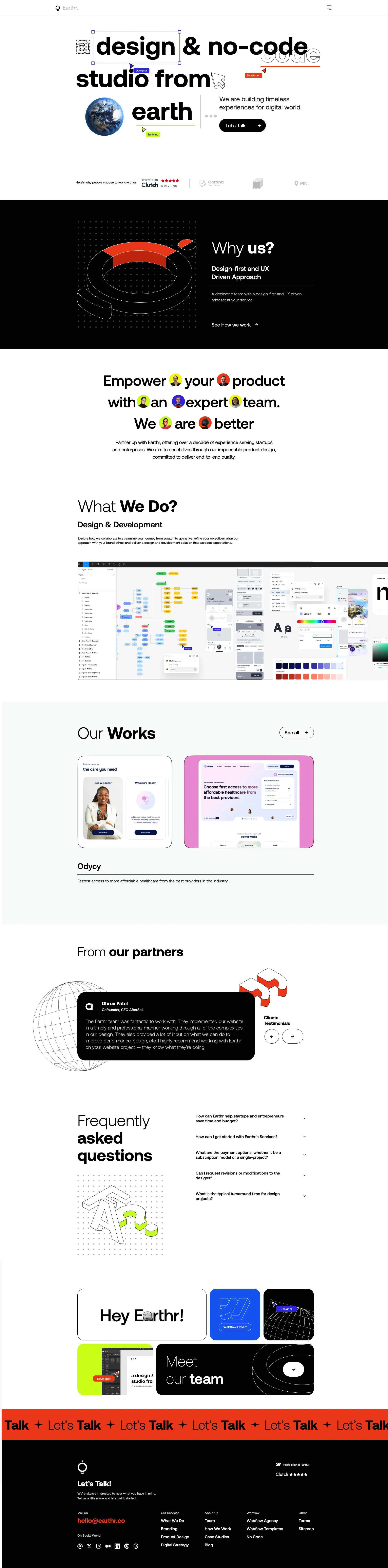 Earthr Landing Page Example: We design brands, develop websites, build apps and simply help our partners communicate their smart stories. Let's talk about your project!