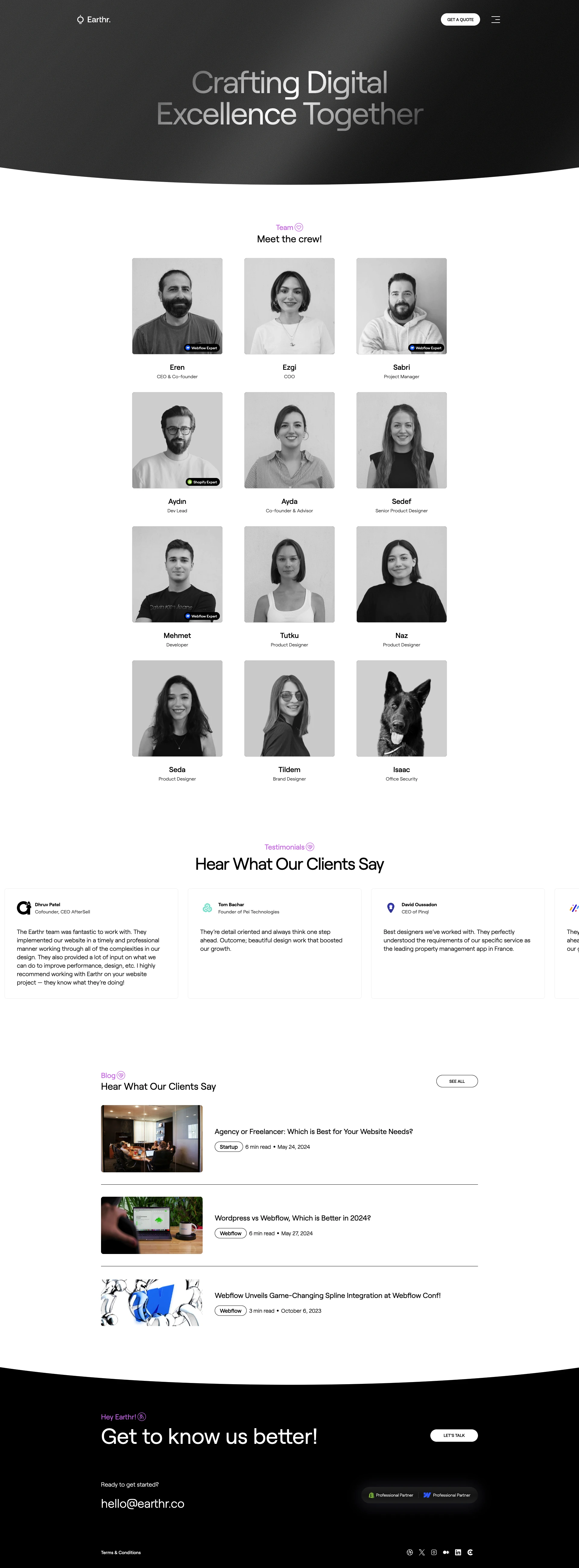 Earthr Landing Page Example: Top-notch design, creative development. We design brands, develop websites, build apps and simply help our partners communicate their smart stories. Let's talk about your project!