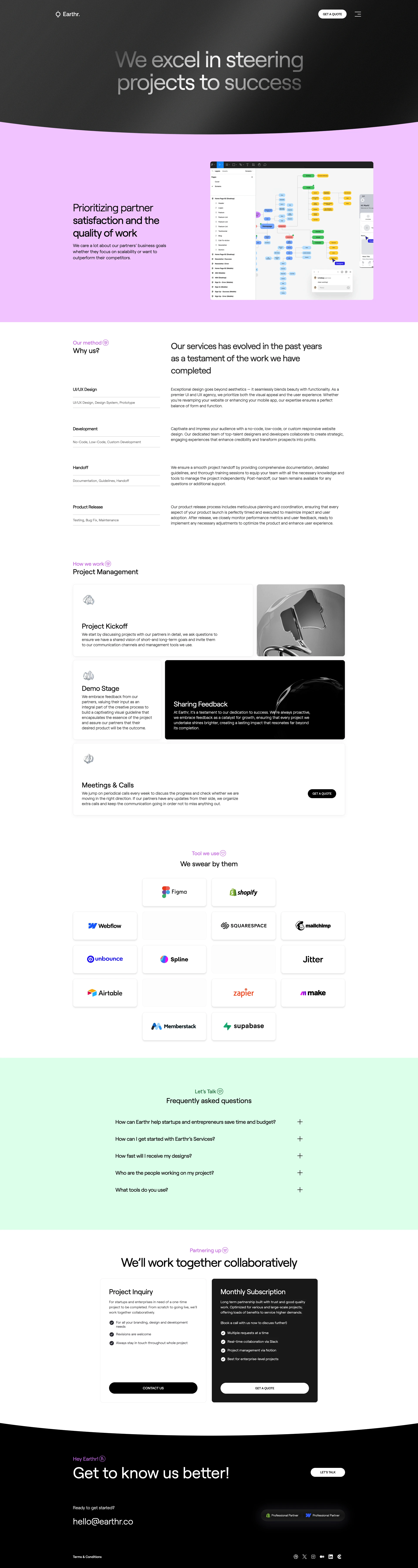 Earthr Landing Page Example: Top-notch design, creative development. We design brands, develop websites, build apps and simply help our partners communicate their smart stories. Let's talk about your project!