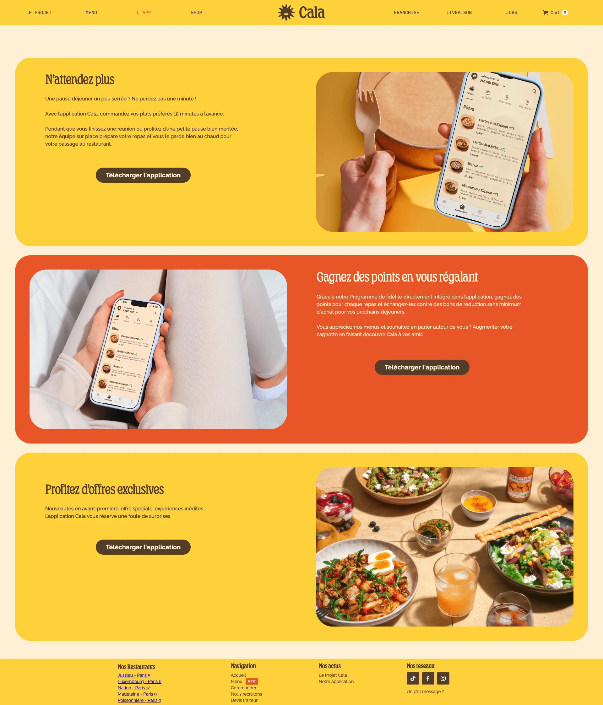 CALA Landing Page Example: CALA is, above all, incredible pasta, cooked to order (and to the nearest second), in super generous quantities, enhanced only with raw and fresh products, without preservatives or additives, and labeled as much as possible!