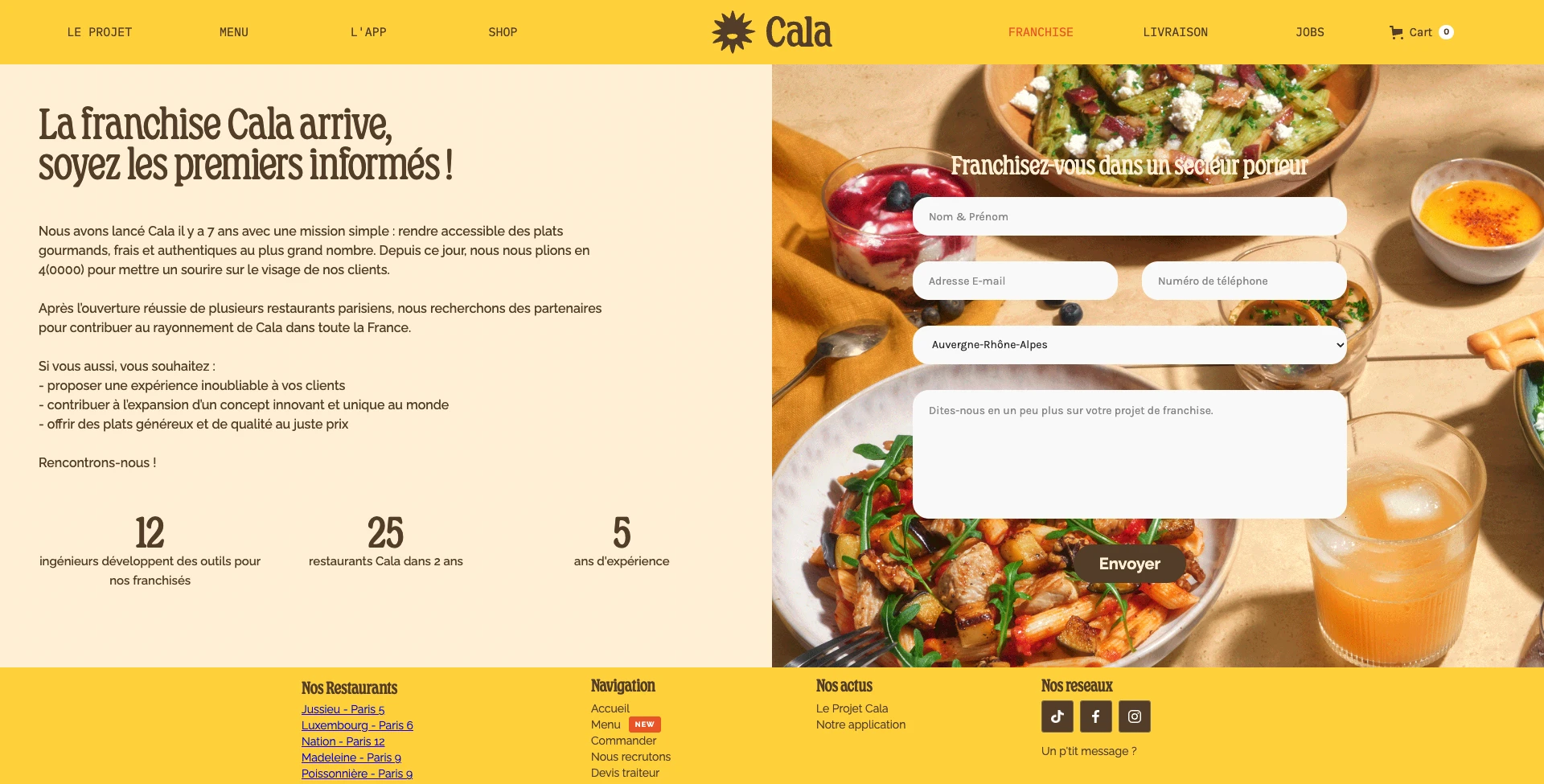 CALA Landing Page Example: CALA is, above all, incredible pasta, cooked to order (and to the nearest second), in super generous quantities, enhanced only with raw and fresh products, without preservatives or additives, and labeled as much as possible!