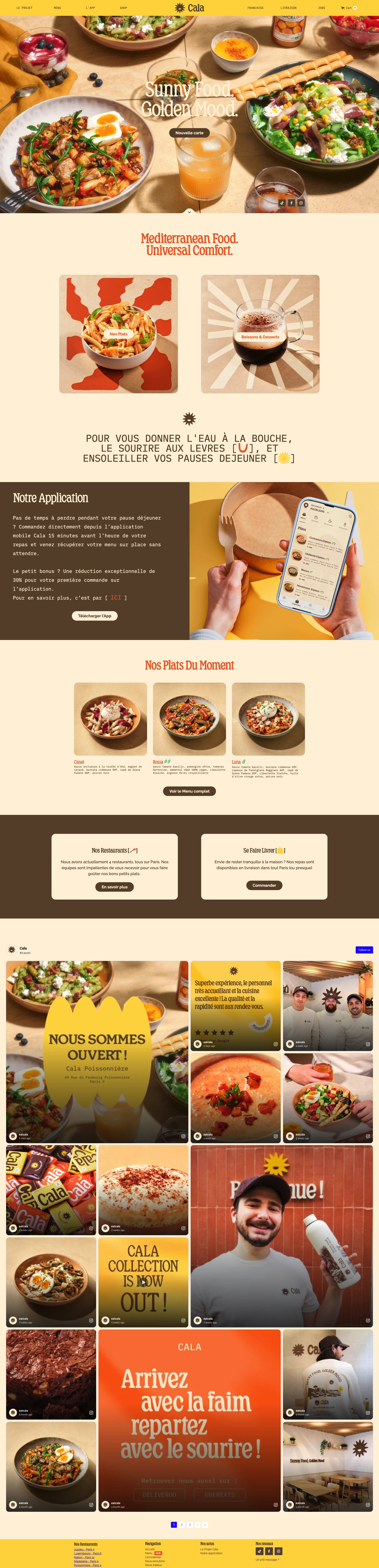 CALA Landing Page Example: CALA is, above all, incredible pasta, cooked to order (and to the nearest second), in super generous quantities, enhanced only with raw and fresh products, without preservatives or additives, and labeled as much as possible!