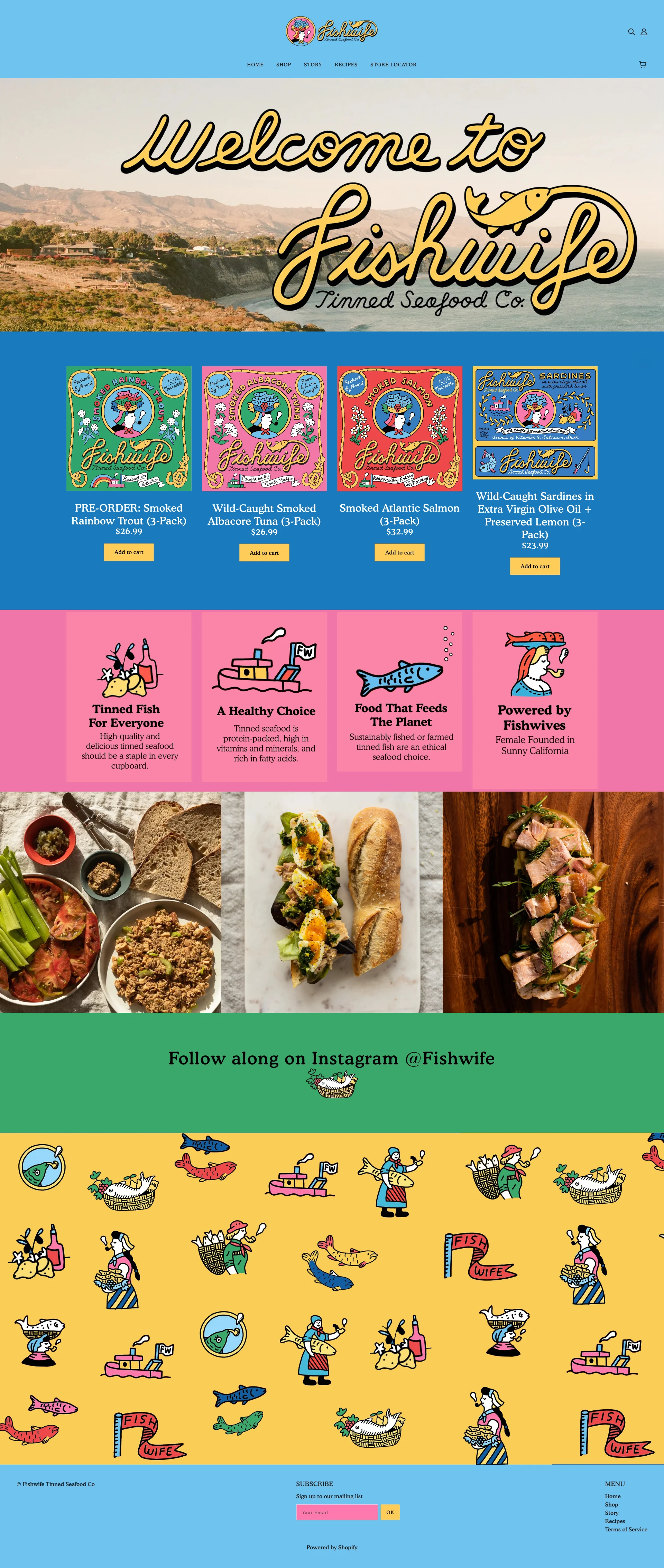 Fishwife Landing Page Example: Welcome to Fishwife, a female-founded, sustainable and delicious tinned fish company. Our tins are where healthy meets convenient. Order our smoked tuna now!