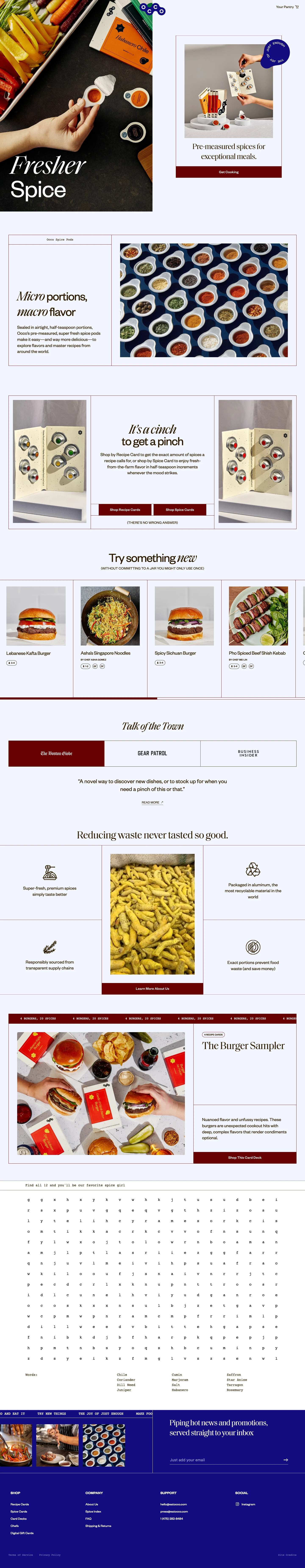 Occo Spices Landing Page Example: It’s a cinch to get a pinch 🌶. Micro-portions of quality spices, sealed in forever fresh pods.