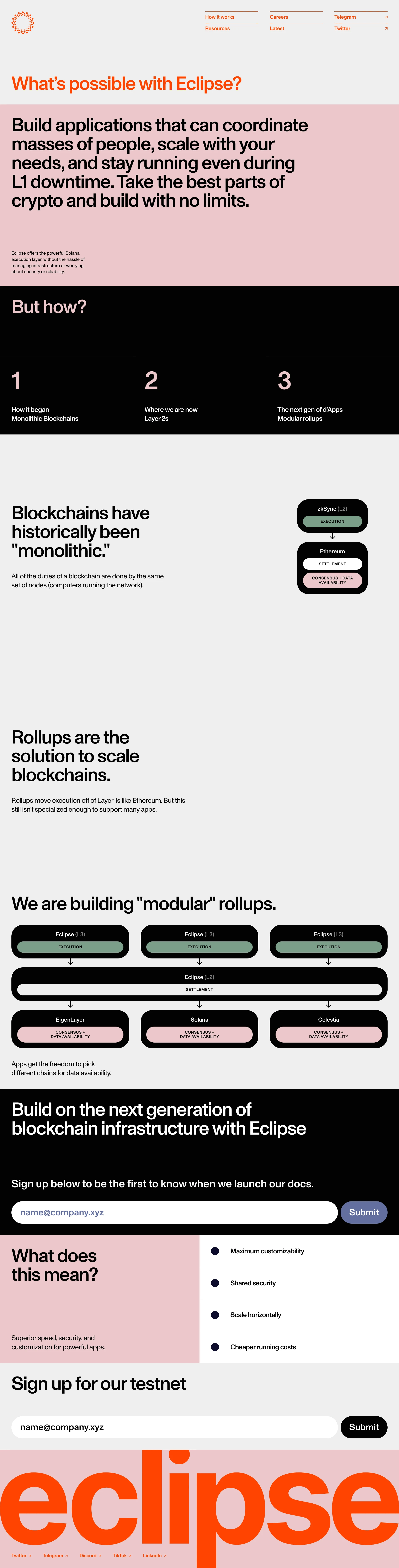 Eclipse Landing Page Example: The next generation of dApps are powered by Eclipse. We let you deploy customizable rollups powered by the Solana virtual machine.