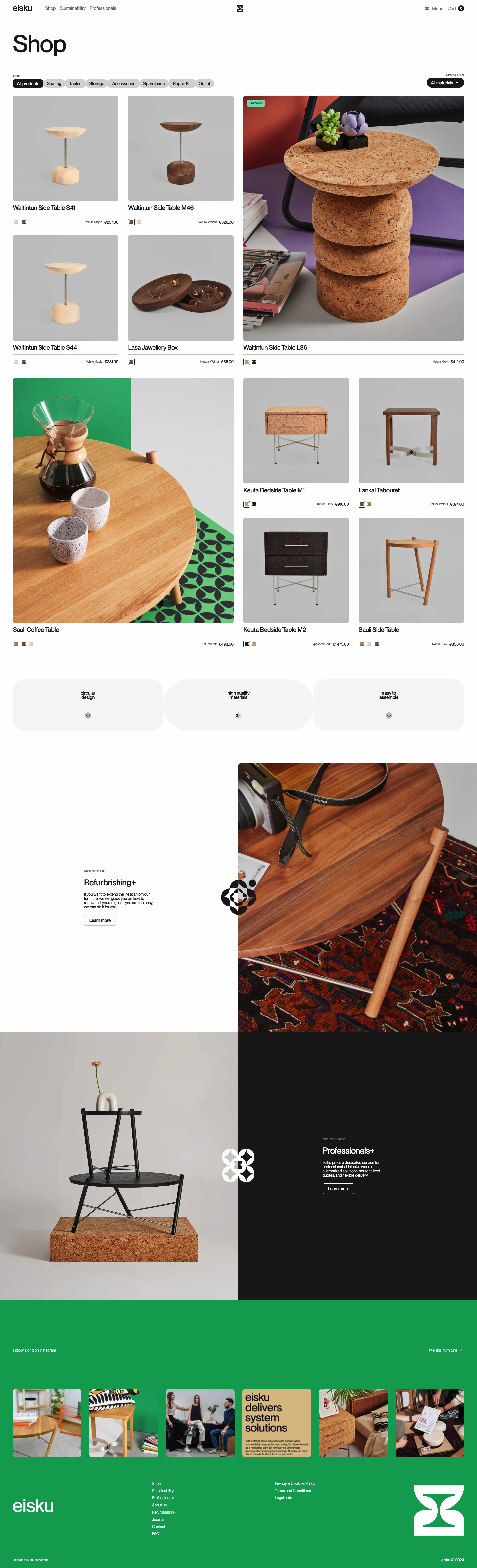 Eisku Landing Page Example: In response to the growing need for sustainability, we have created a brand that goes beyond attractive furniture, embracing the idea of environmental responsibility.