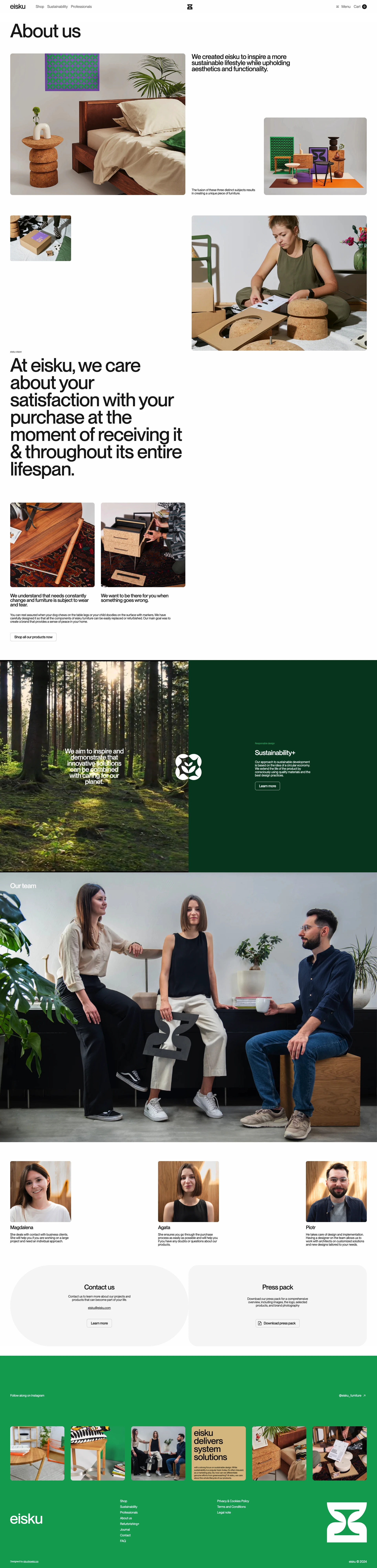 Eisku Landing Page Example: In response to the growing need for sustainability, we have created a brand that goes beyond attractive furniture, embracing the idea of environmental responsibility.