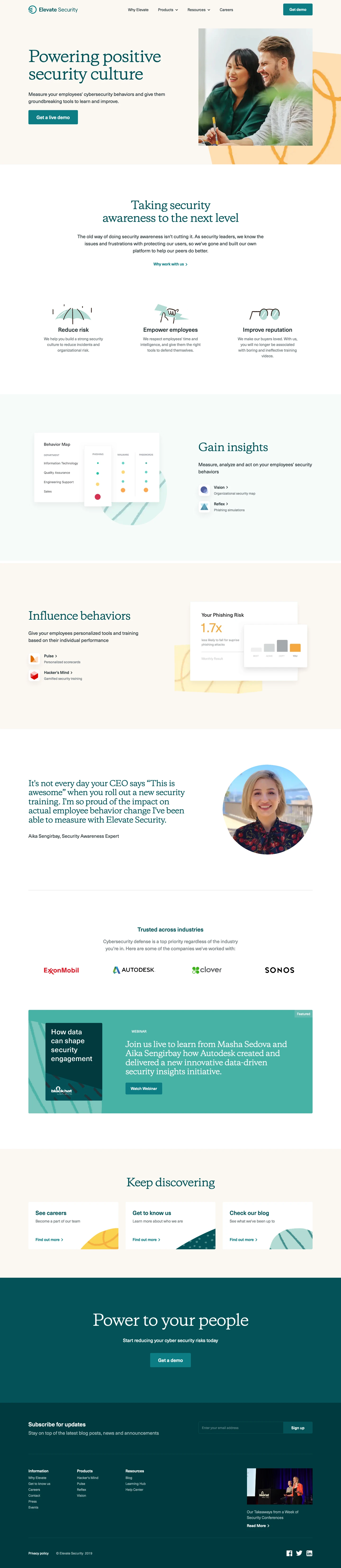 Elevate Security Landing Page Example: Elevate is the leading Security Behavior Platform, changing employee security habits while giving security teams unprecedented visibility.