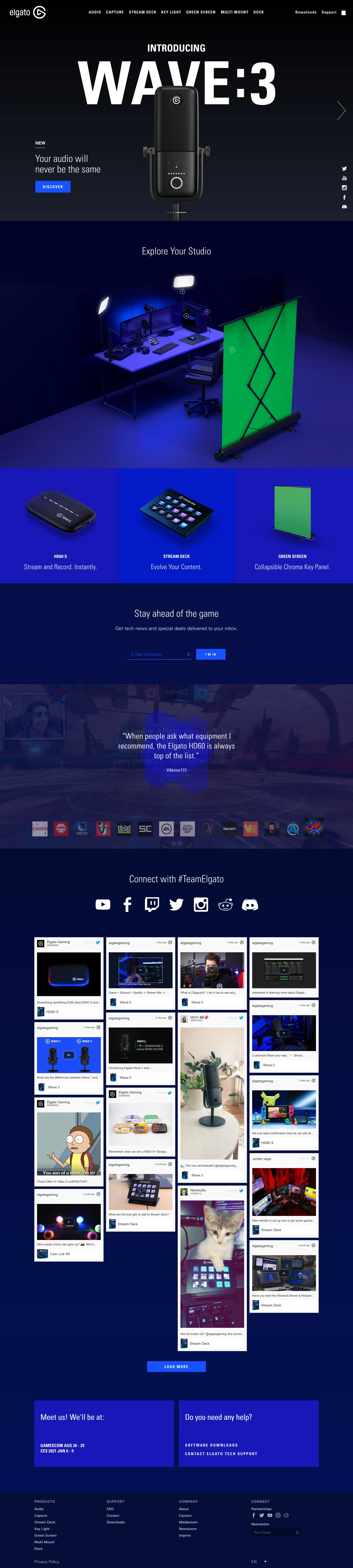 Elgato Landing Page Example: Elgato is the leading provider of hardware and software for content creators, leveraging decades of experience to develop widely-accessible products that empower all creators to produce high-quality, professional content.