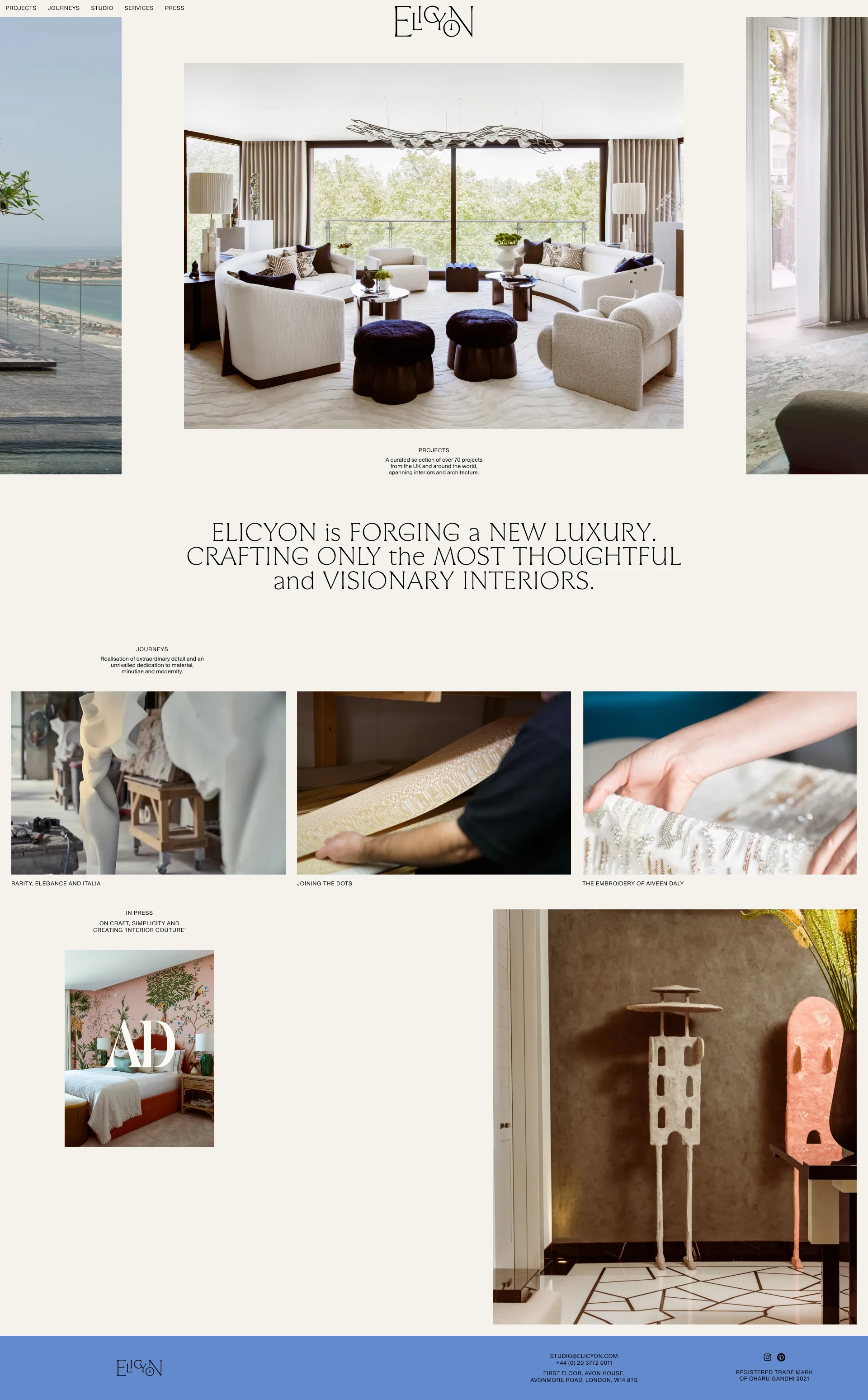 Elicyon Landing Page Example: Elicyon is forging a new luxury. Crafting only the most thoughtful and visionary interiors, we pride ourselves on the perennial realisation of extraordinary detail and an unrivaled dedication to material, minutiae and modernity. Based In West Kensington, London. 