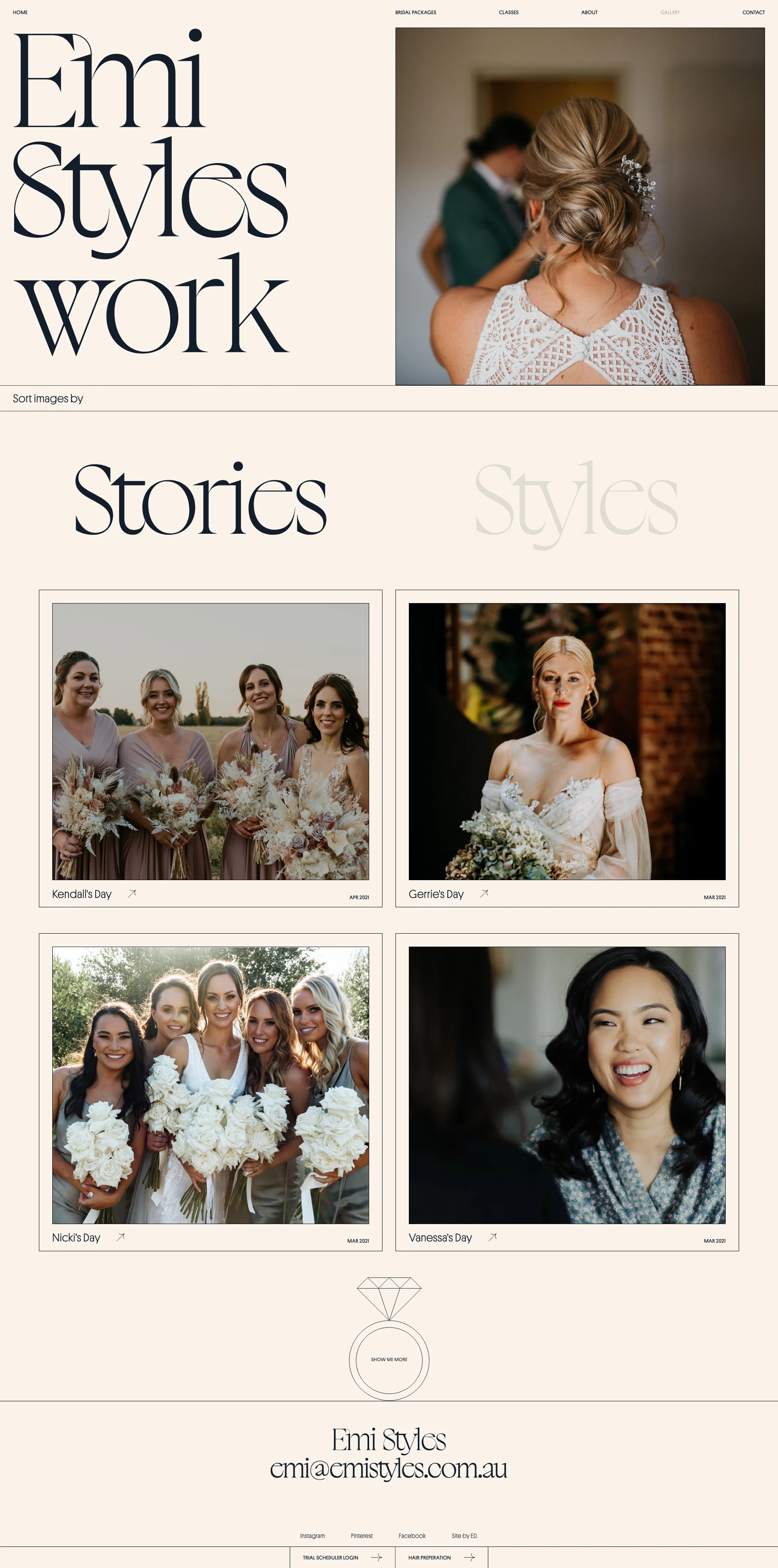 Emi Styles Landing Page Example: Emi Styles is a Canberra based session stylist specialising in bridal hair.