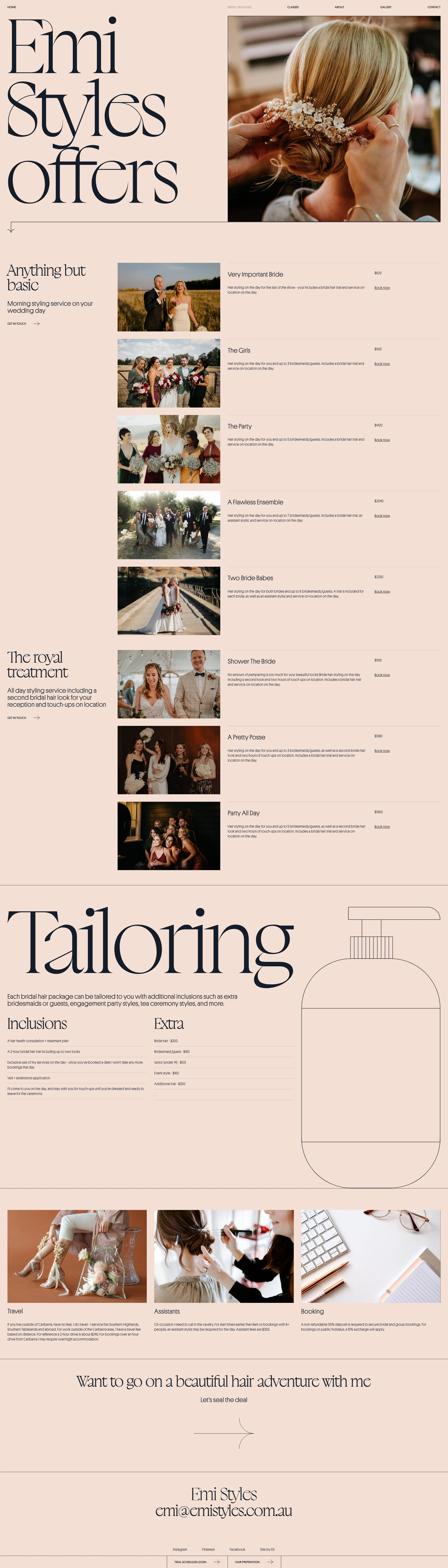 Emi Styles Landing Page Example: Emi Styles is a Canberra based session stylist specialising in bridal hair.