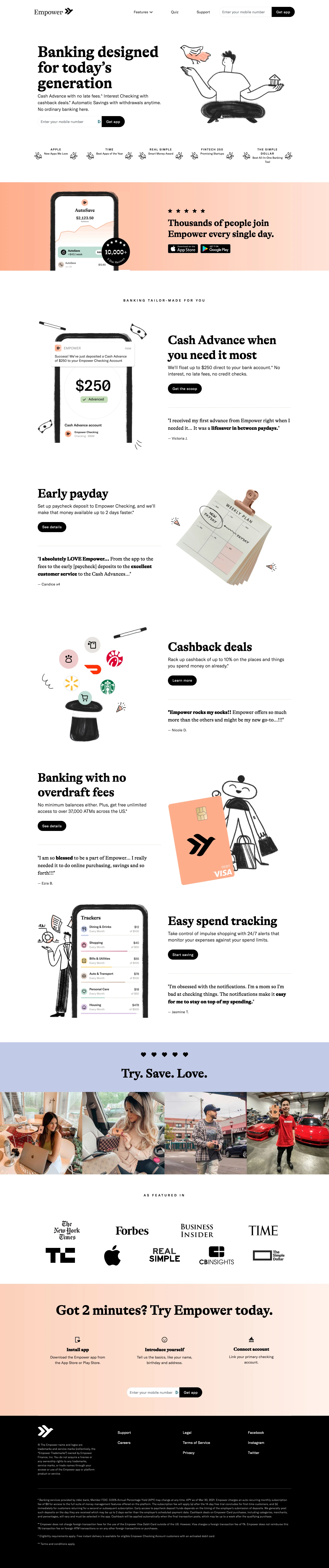 Empower Landing Page Example: Banking designed for today’s generation: Get cash instantly. Spend mindfully. Save automatically.