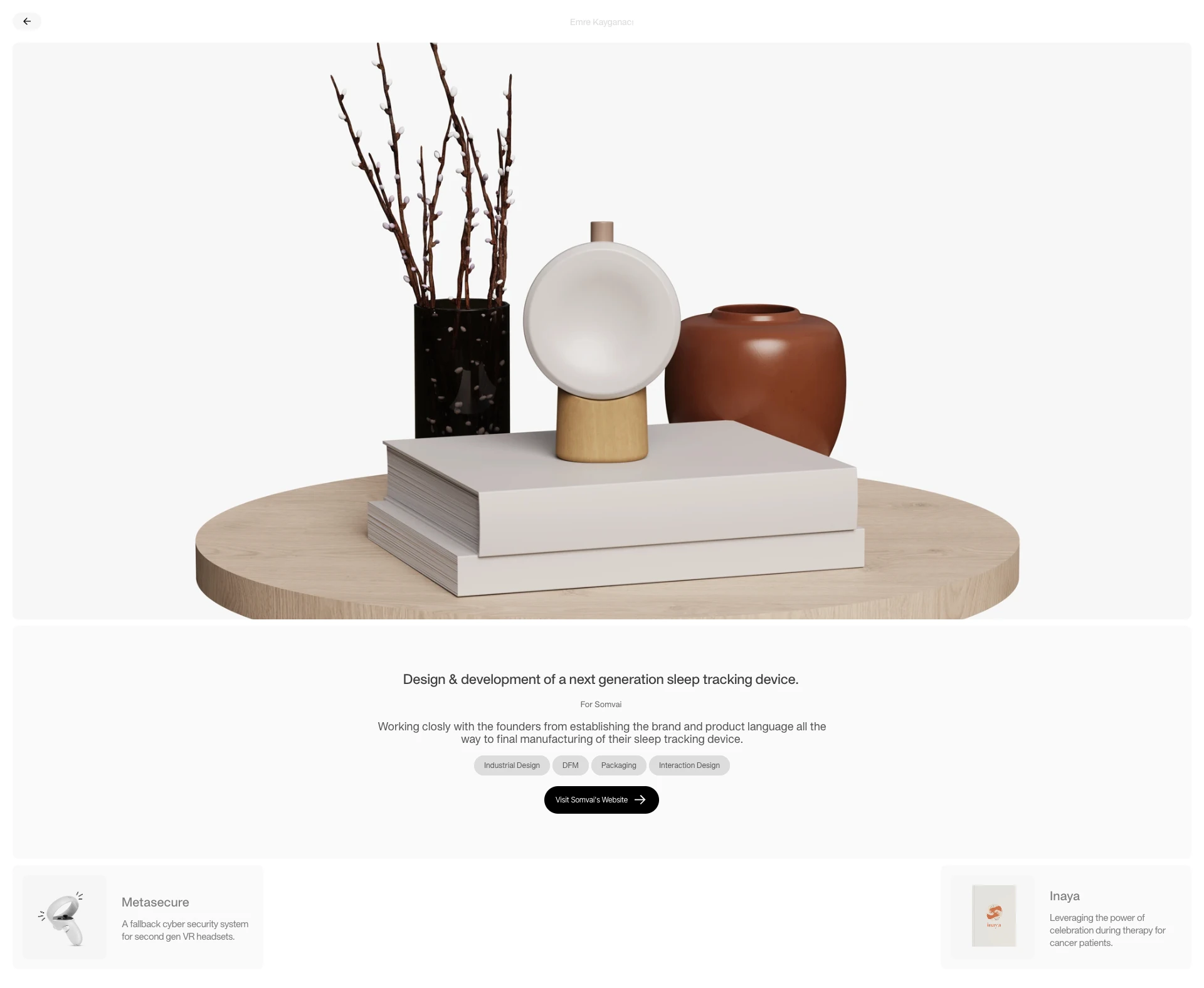 Emre Kayganaci Landing Page Example: Emre is an award winning industrial & innovation designer based in London, UK. Designing phygital products, interactions & concepts.