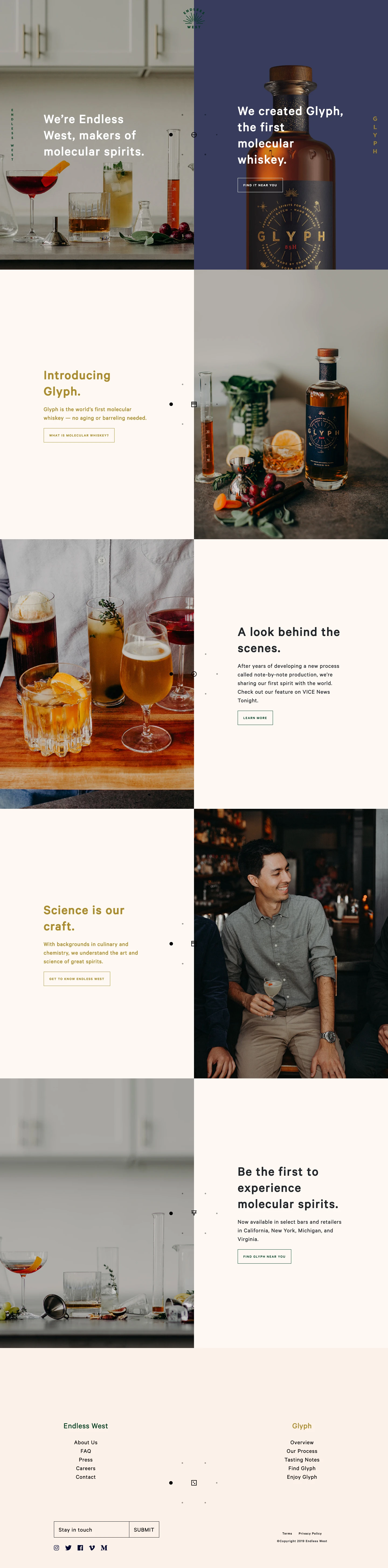 Endless West Landing Page Example: We're Endless West, makers of molecular spirits. Our whiskey, Glyph, is the first to be made note by note — no aging or barreling required.
