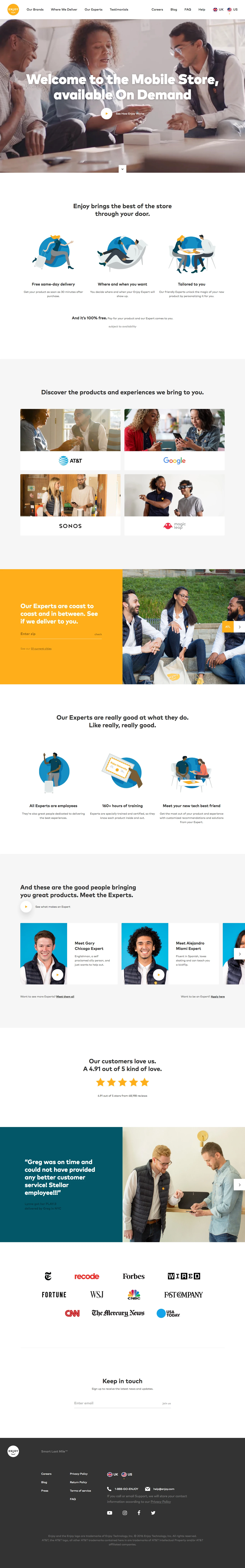 Enjoy Landing Page Example: Enjoy brings the best of the store through your door. Reimagine buying tech products with free same-day delivery and setup by a friendly Expert.