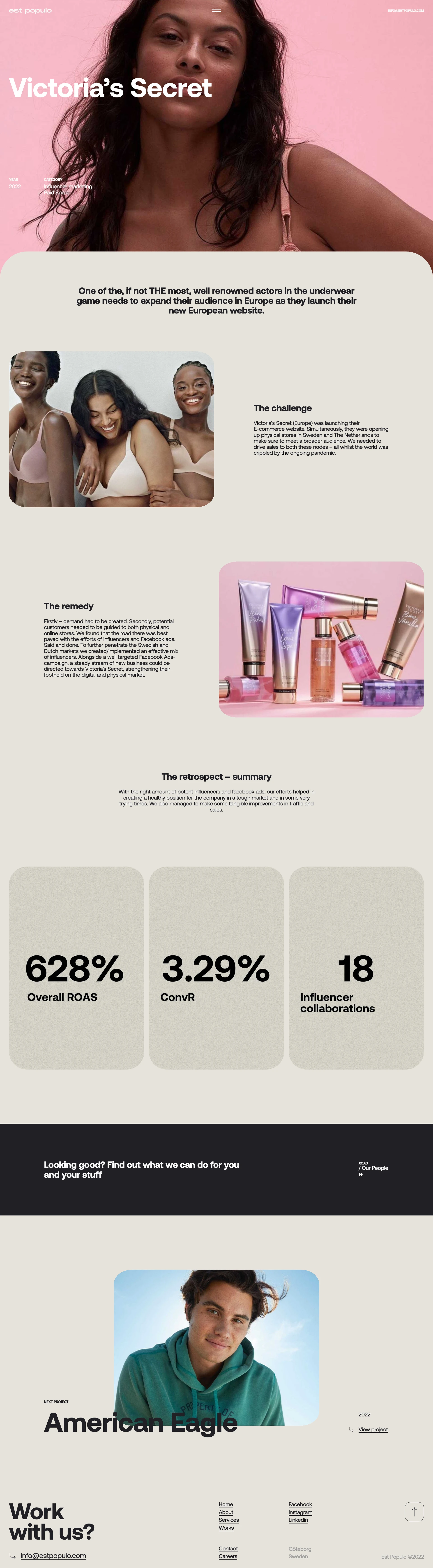 EST POPULO Landing Page Example: This company sprung from frustration with an agency system that is obsessed with counting hours rather than actually improving results. When your old agency was busy hatching pretentious visions, we were probably busy doing some actual work.