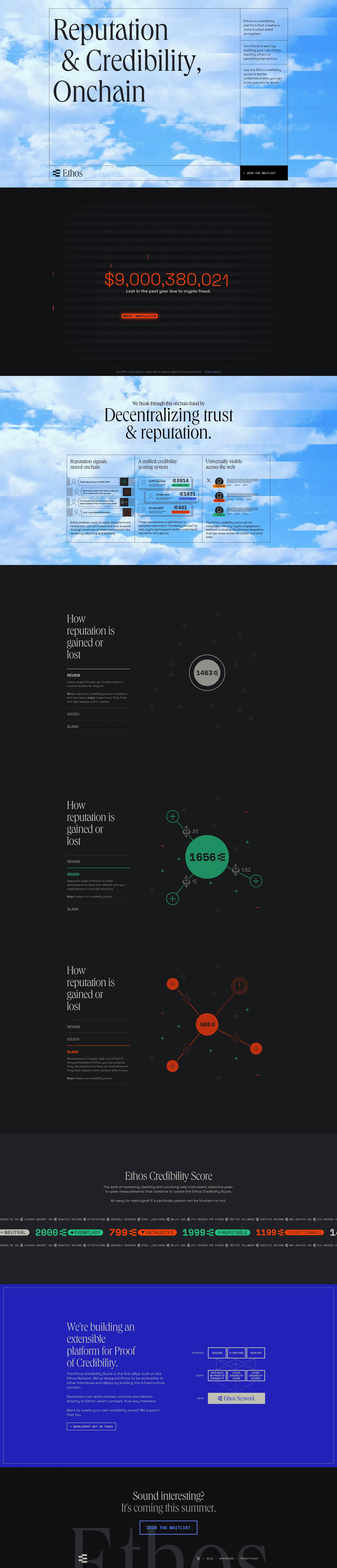 Ethos Network Landing Page Example: A safer & more trusted onchain crypto experience. An onchain reputation system for crypto that fosters trust, transparency, and safety in peer-to-peer crypto interactions. Join us in creating a more reliable blockchain ecosystem.