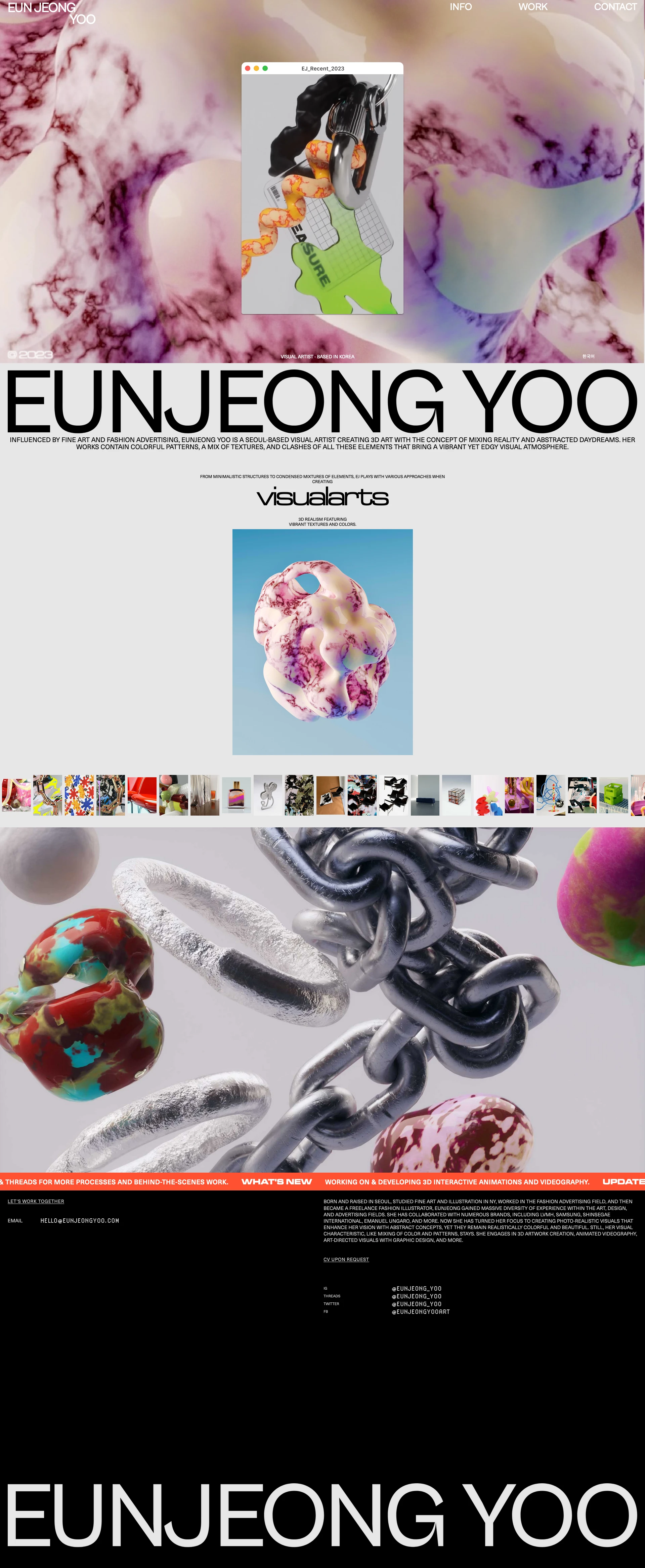 EUN JEONG YOO Landing Page Example: Influenced by fine art and fashion advertising, EunJeong creates 3D based vibrant visual artworks.
