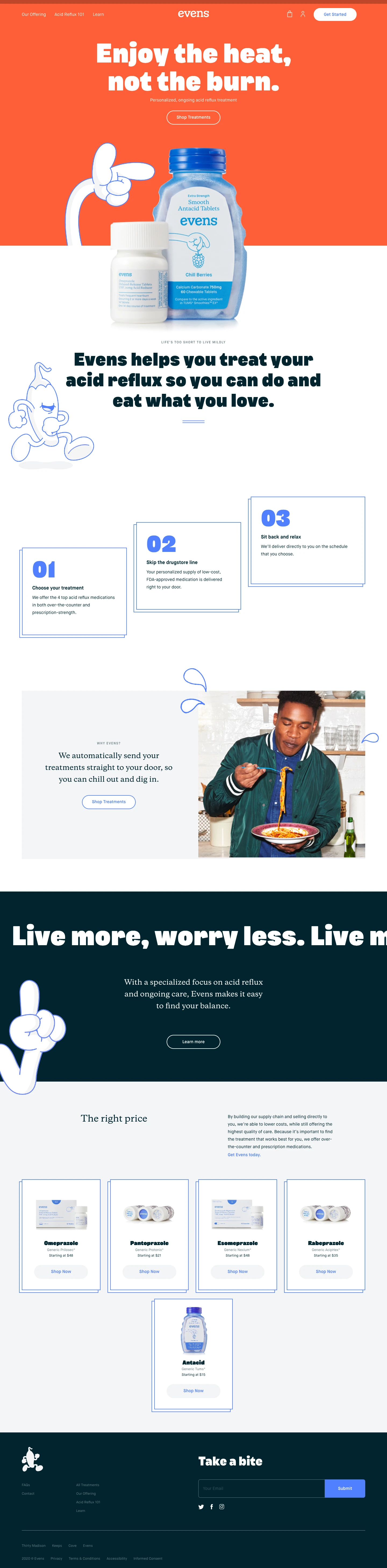 Evens Landing Page Example: Take charge of your acid reflux and heartburn with personalized, affordable treatment that’s clinically proven to work and delivered right to your door.