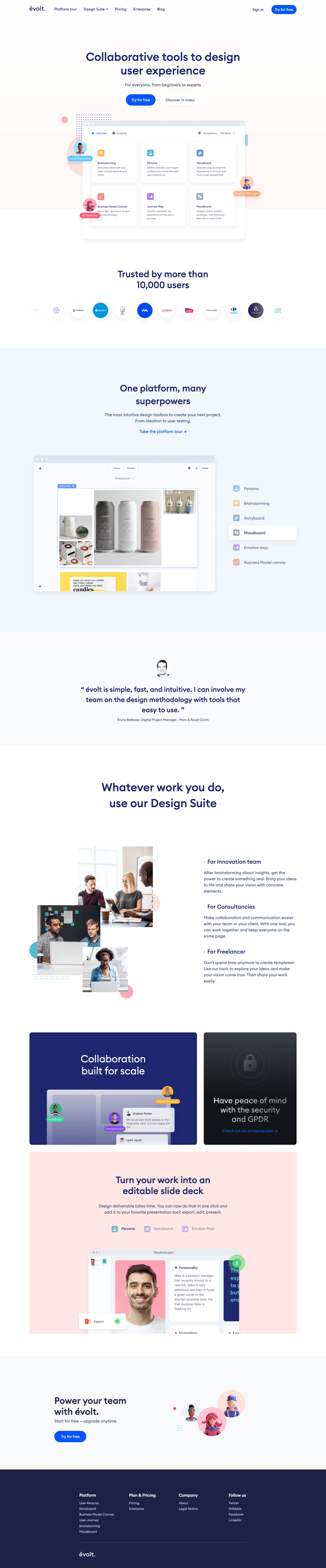 évolt Landing Page Example: évolt is a collaborative platform dedicated to User Experience (UX). Test our design tools like the Brainstorm, Persona, Storyboard, Moodboard, Empathy map.