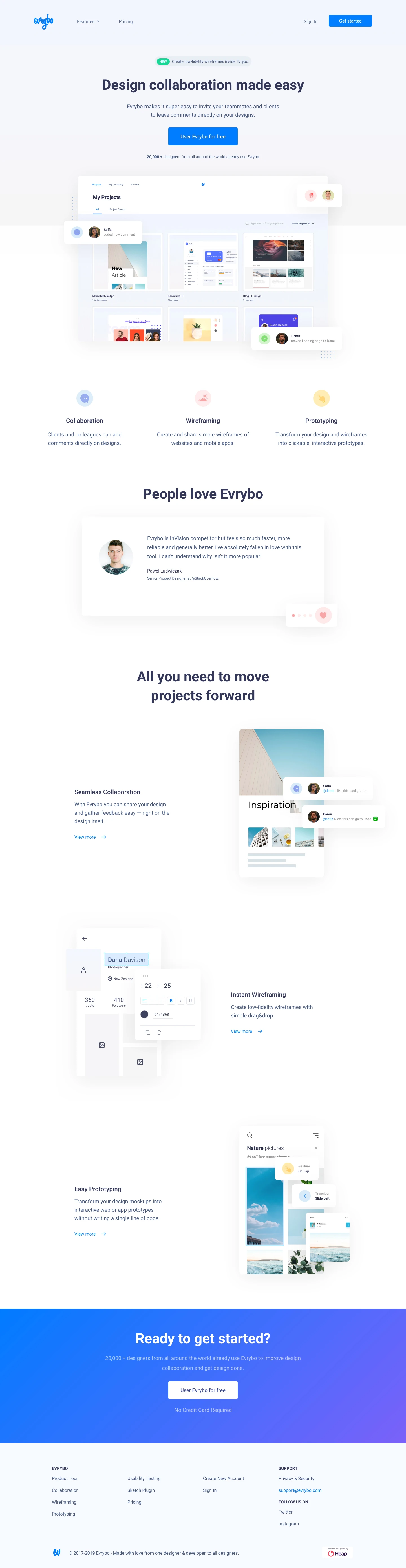 Evrybo Landing Page Example:  Design collaboration made easy. Evrybo makes it super easy to invite your teammates and clientsto leave comments directly on your designs.