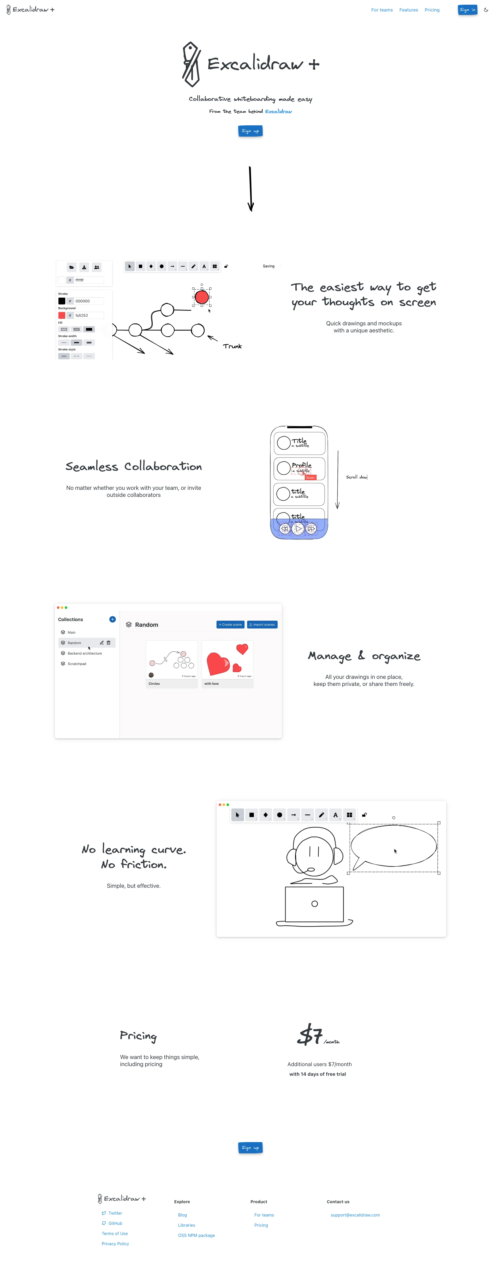 Excalidraw+ Landing Page Example: Whiteboarding tool with hand drawn like experience. Ideal for conducting interviews, drawing diagrams, prototypes or sketches and much more!