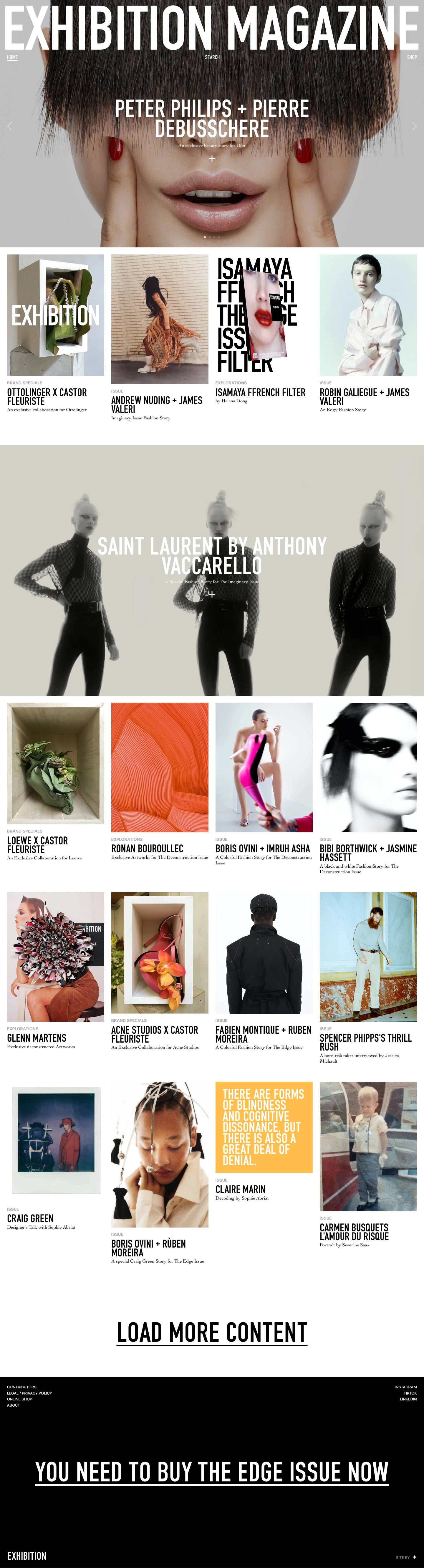 Exhibition Magazine Landing Page Example: Fashion and its specific subjects, at the intersection of know-how and cultures, are the focus of the magazine. Exhibition is conceived as an exhibition space and printed as an art object.