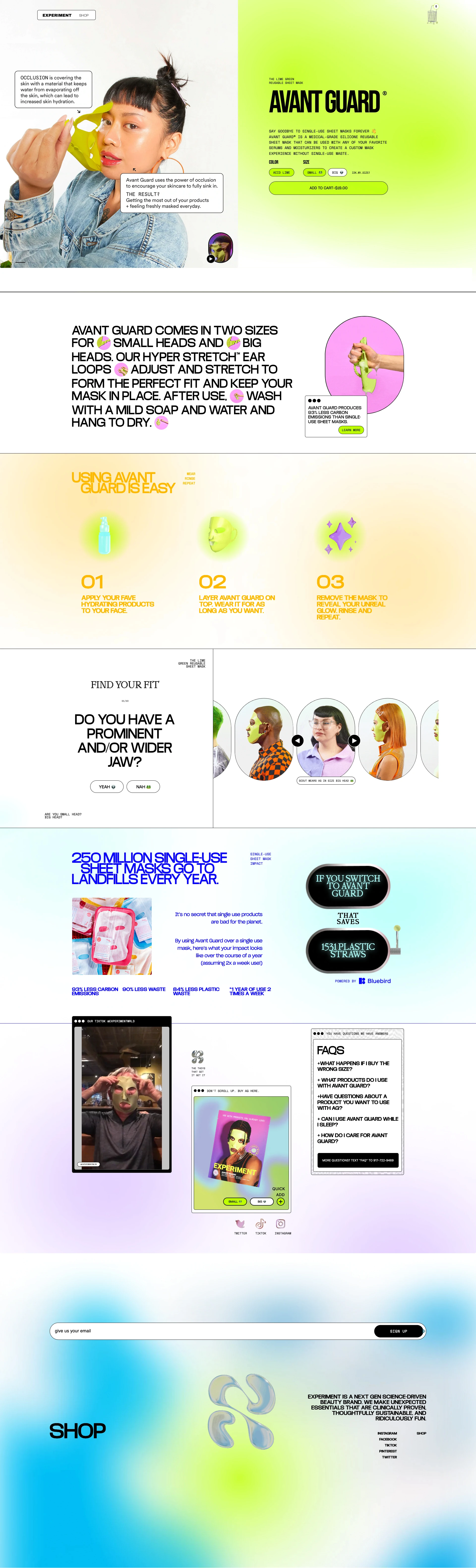 Experiment Landing Page Example: Experiment makes sustainable beauty products, starting with a reusable face mask.