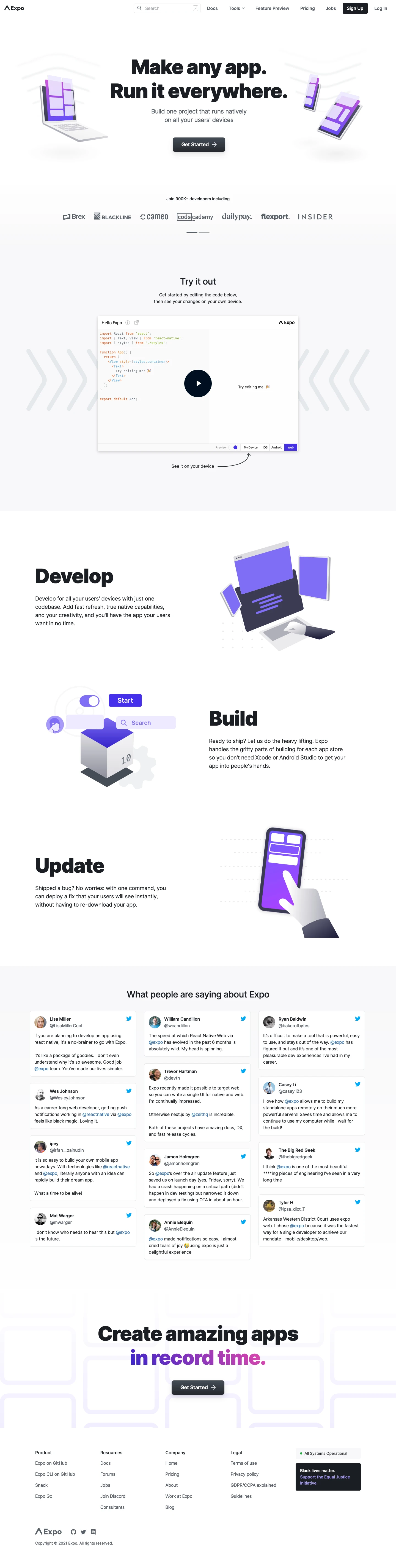 Expo Landing Page Example: Expo is an open-source platform for making universal native apps for Android, iOS, and the web with JavaScript and React.
