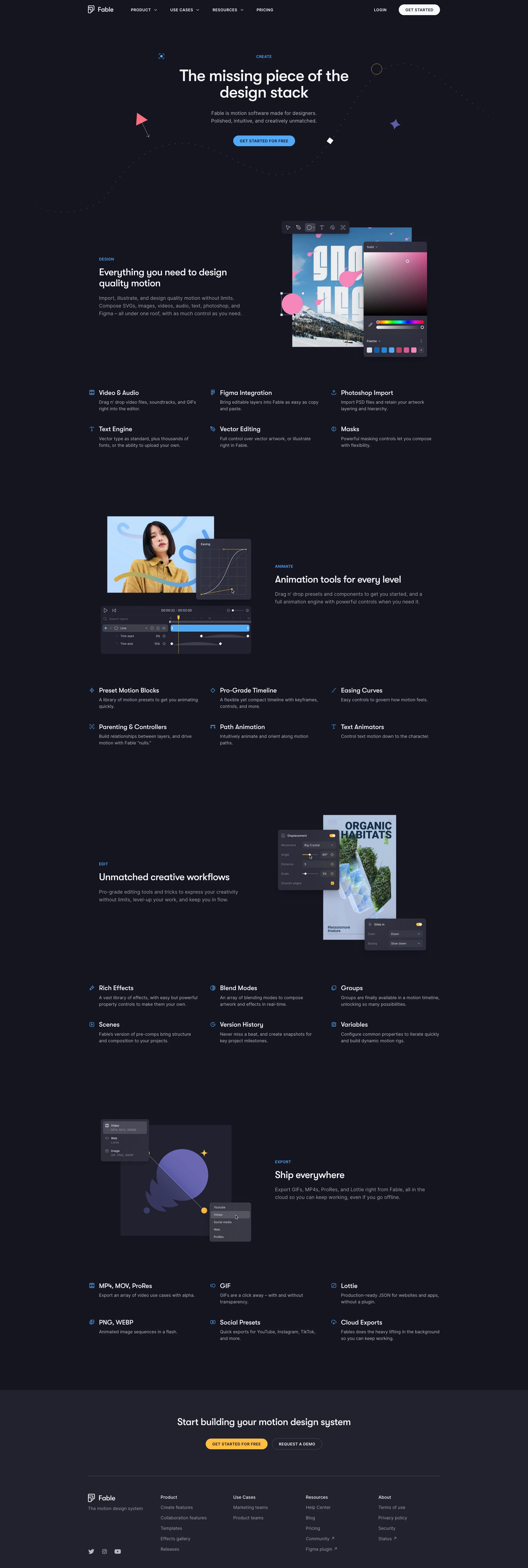 Fable Landing Page Example: The motion design system. Fable is how creative teams make motion together. Design, collaborate, and scale – all under one roof.