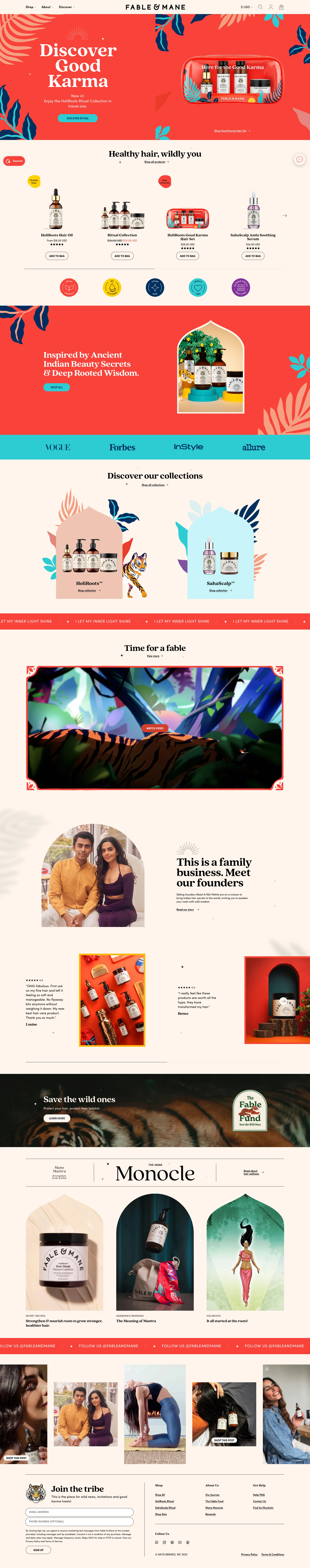 Fable & Mane Landing Page Example: A modern hair wellness brand of potent plant-based products inspired by ancient Indian beauty secrets with vegan, clean and cruelty-free formulas.